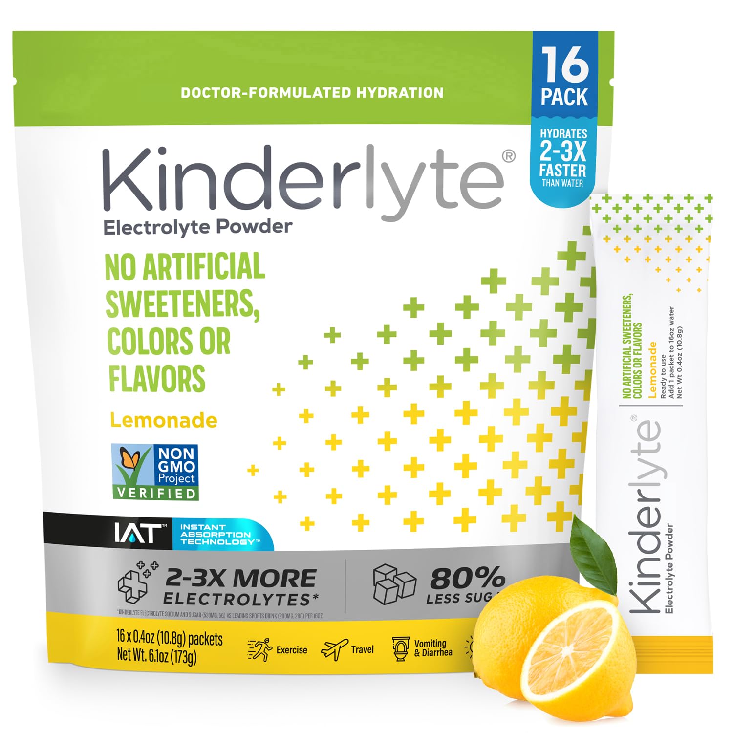 Kinderlyte Electrolyte Powder, Rapid Hydration, Easy Open Packets, Supplement Drink Mix (Lemonade, 16 Count)