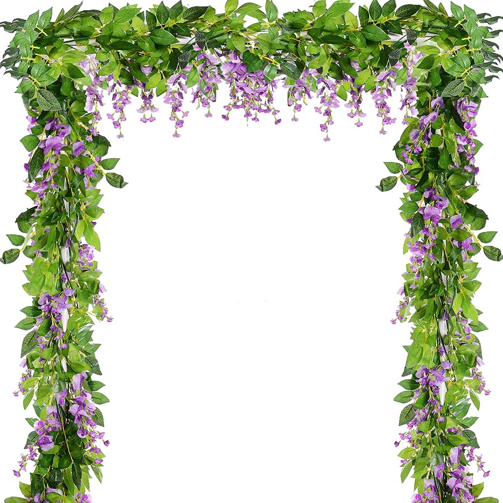 5pcs 31ft Artificial Fake Wisteria Hanging Flowers Faux Silk Wisteria Vine Ivy Garland Plastic Plants Flower (Purple)