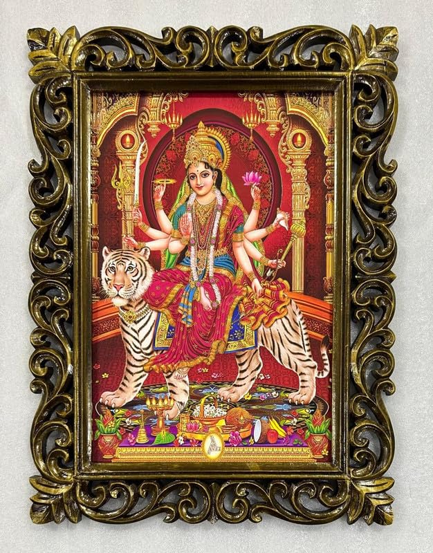 BM TRADERSDurga Maa Beautiful Print Photo Design In Carved Wooden Frame Duco Finish Polished Size (23 X 17 Inch) OR (58.42 X 43.18 Cm) Religious Housewarming Gift