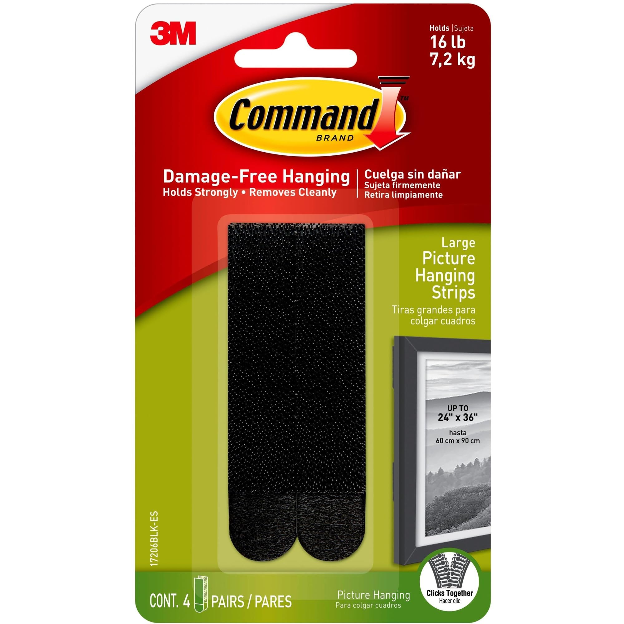 Command Large Picture Hanging Strips,4 Pairs, Holds upto 7.2Kg,Holds Strong, Damage Free Walls, Self Adhesive, Black