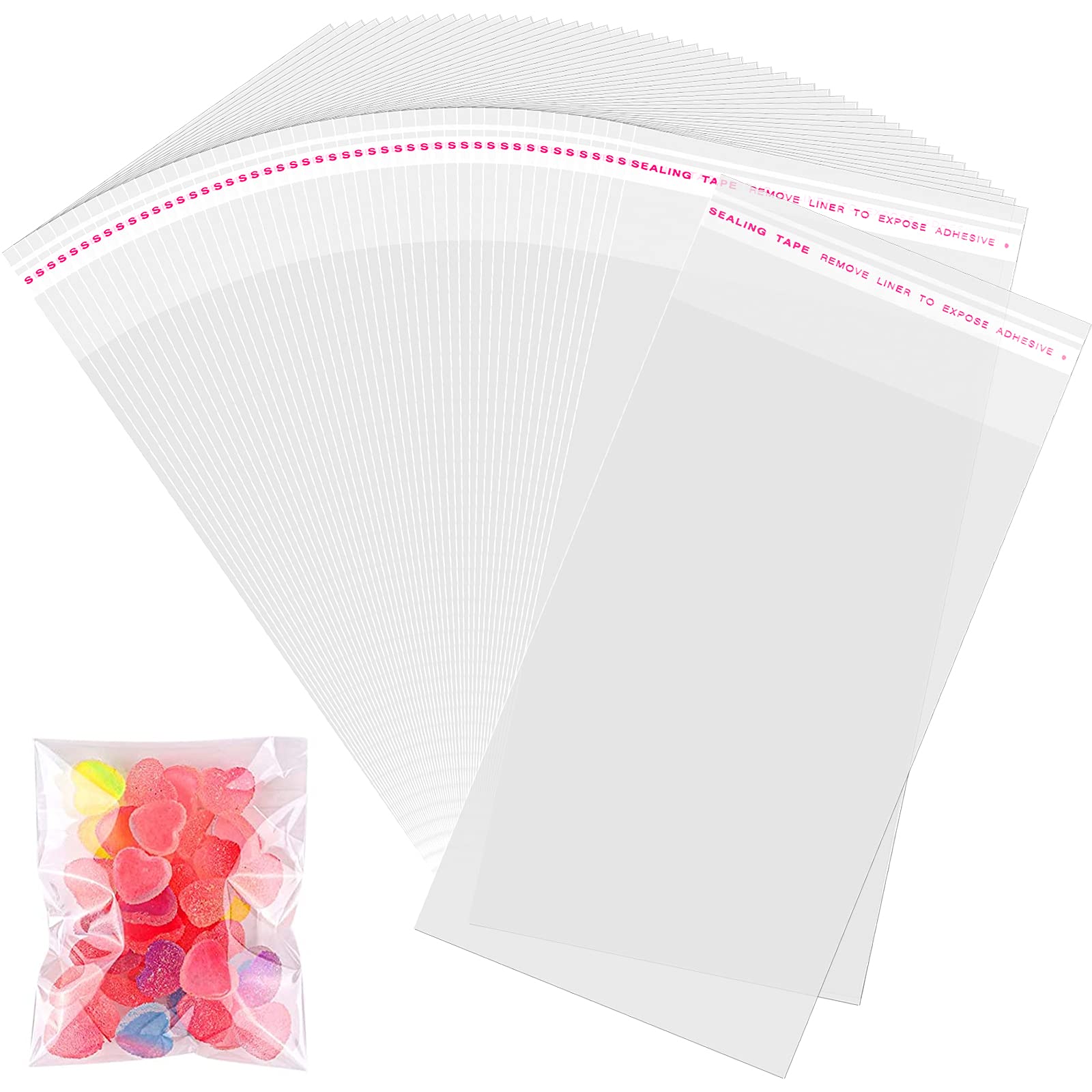 300 Pcs Clear Cellophane Bags Self-Adhesive Sealing Treat Polybags Food Grade OPP Plastic Bag, Snap Bar Packaging Zip Bags Resealable for Candy, Cookie, Valentine Chocolates (15.6cm x 7.5cm)