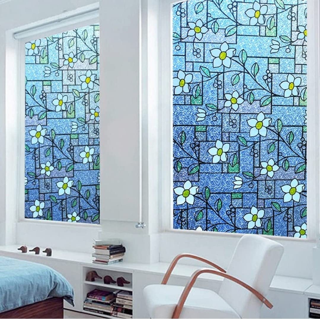 DEEPLITE 3D Printed Window Privacy Sticker Glass Self Adhesive Decorative for Bathroom/Door Window/ Heat Control/ Sidelight/ Anti UV (Blue Lily Flowers,2 x 4 Feet)