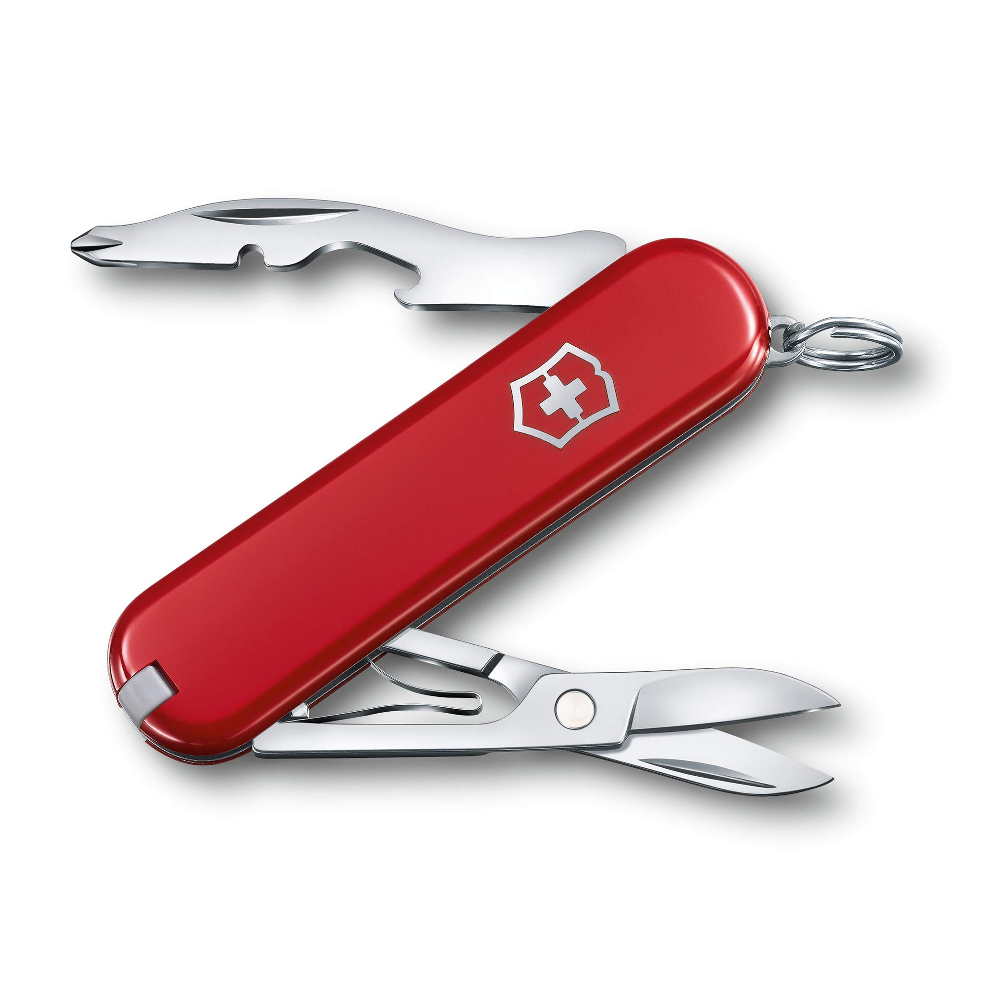 VictorinoxJetsetter Swiss Army Knife, Compact 7 Function Swiss Made Pocket Knife with Scissors, Magnetic Phillips Screwdriver and Key Ring – Red