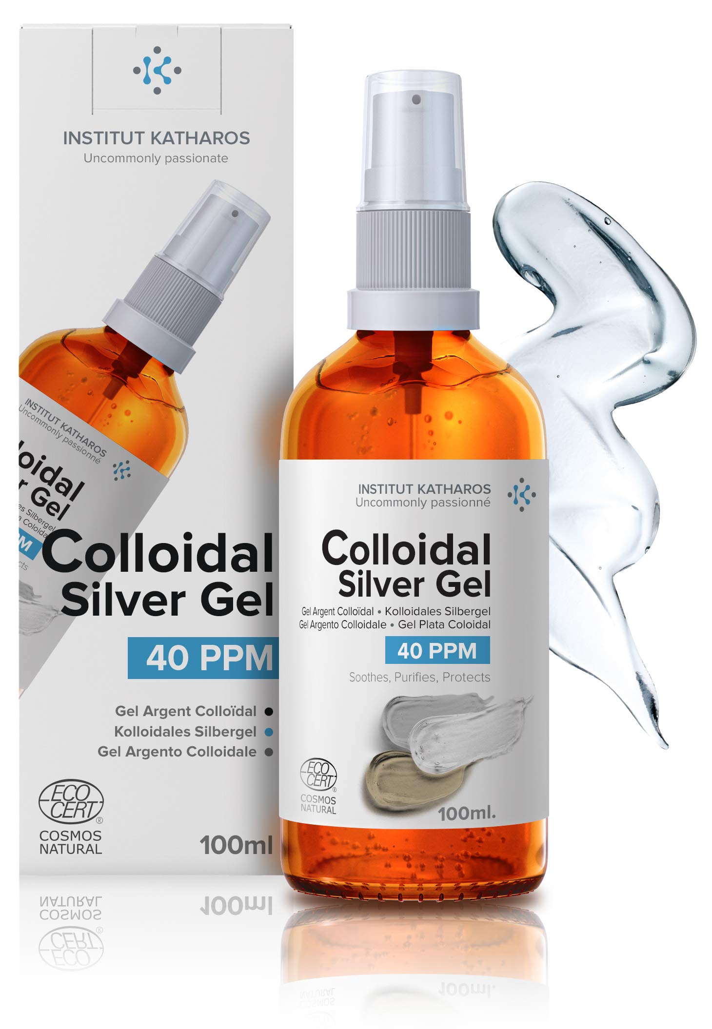 Institut Katharos • Pure Colloidal Silver Gel 40 PPM • 100% Natural and only 3 Ingredients • Optimal Texture and Absorption (Better Than Creams) • Amber Glass and Ultra-Practical Pump