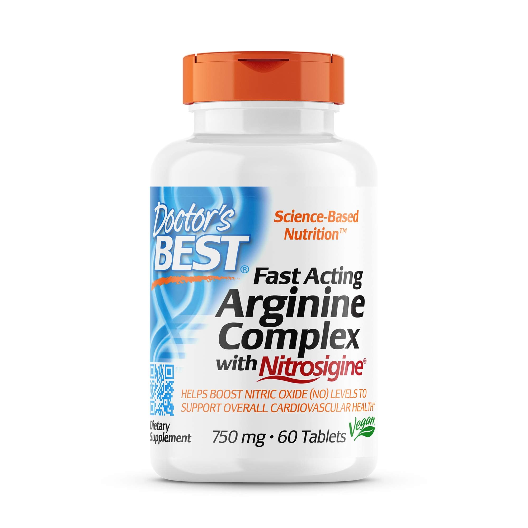 Doctor's Best Fast Acting Arginine Complex w/Nitrosigine, Boost Nitric Oxide, Blood Flow & Vessel Flexibility, Non-GMO, Vegan, Gluten Free, 750mg, White (DRB-00406)