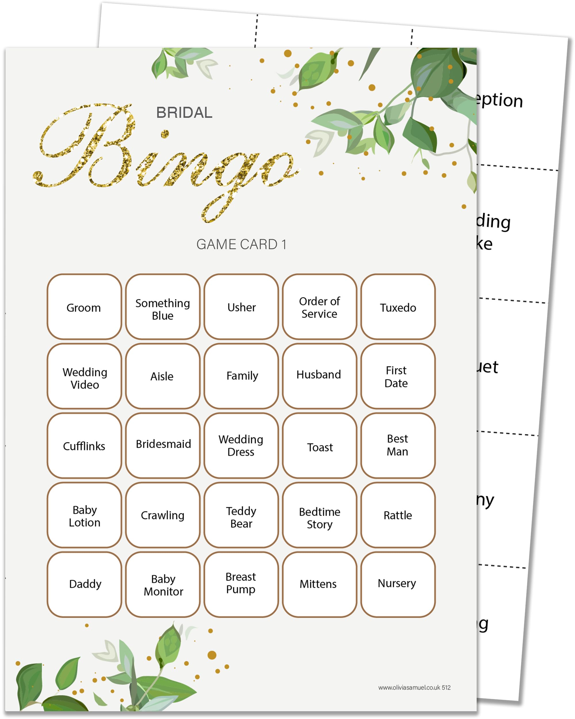 Olivia Samuel 16 Player Bingo Bridal Shower Game - Botanicals Design (16 Guest Cards + 4 Sheets of Calling Cards for The Host + Winner's Certificate)