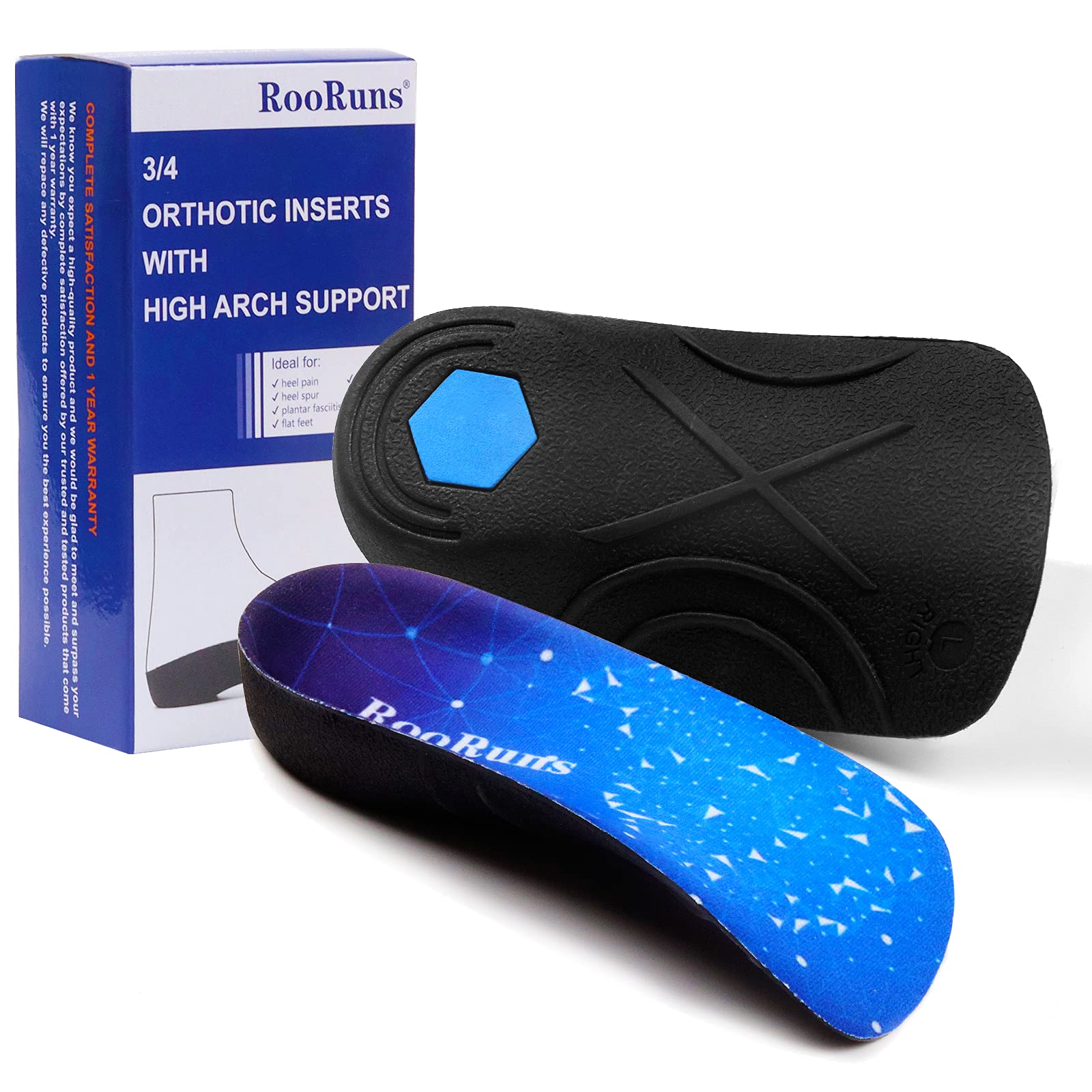 RooRunsPlantar Fasciitis 3/4 Length Insoles for Men Women, High Arch Support Orthotic Shoe Inserts for Work Boots, Flat Feet, Over-Pronation, Supination, Heel Spurs Pain Relief - Walking Running, L