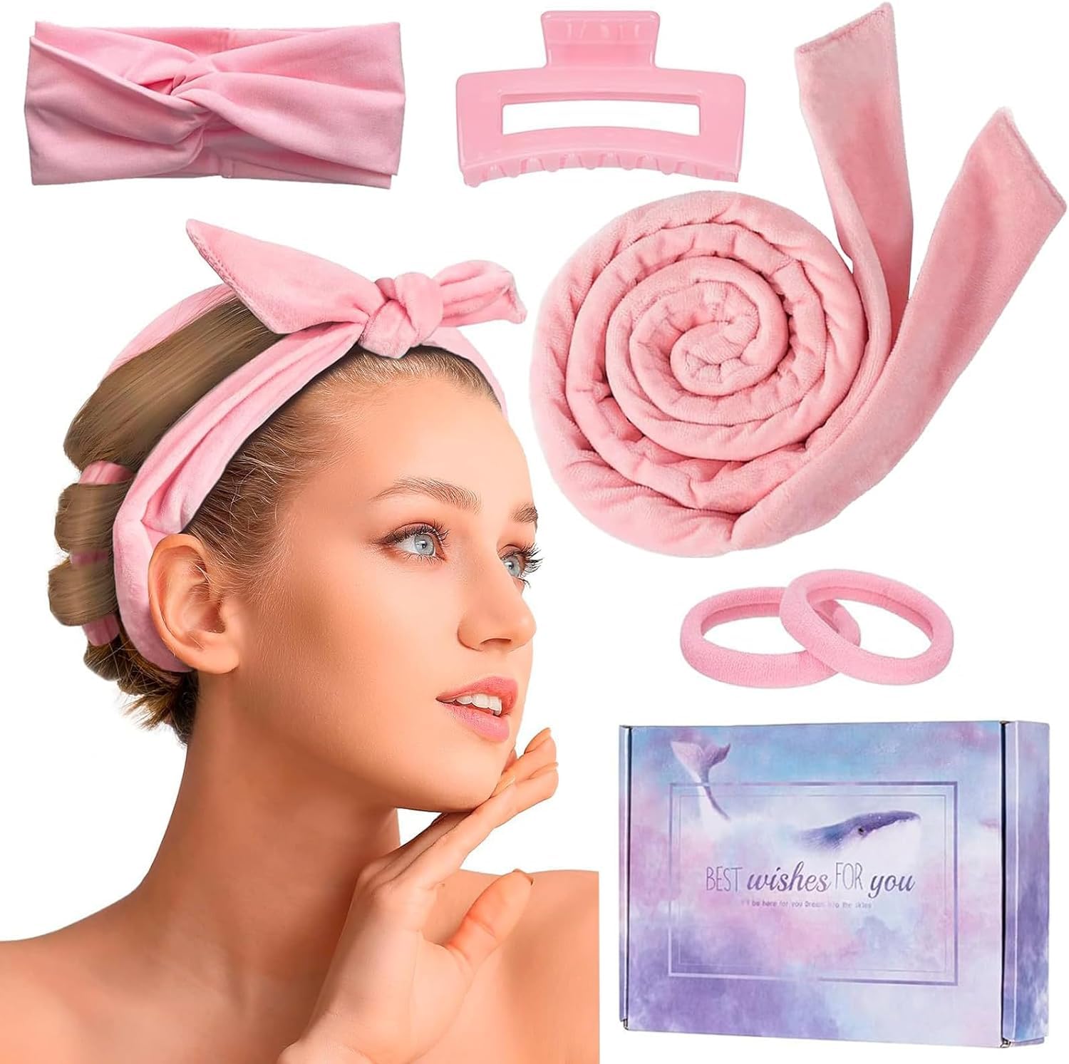 Premify Heatless Curlers Headband for Sleeping Overnight,Extra Long No Heat Wave Hair Curlers With Clip Styling Tools,Hair Styling Kit for Girls with Long and Medium Hair (Pink)