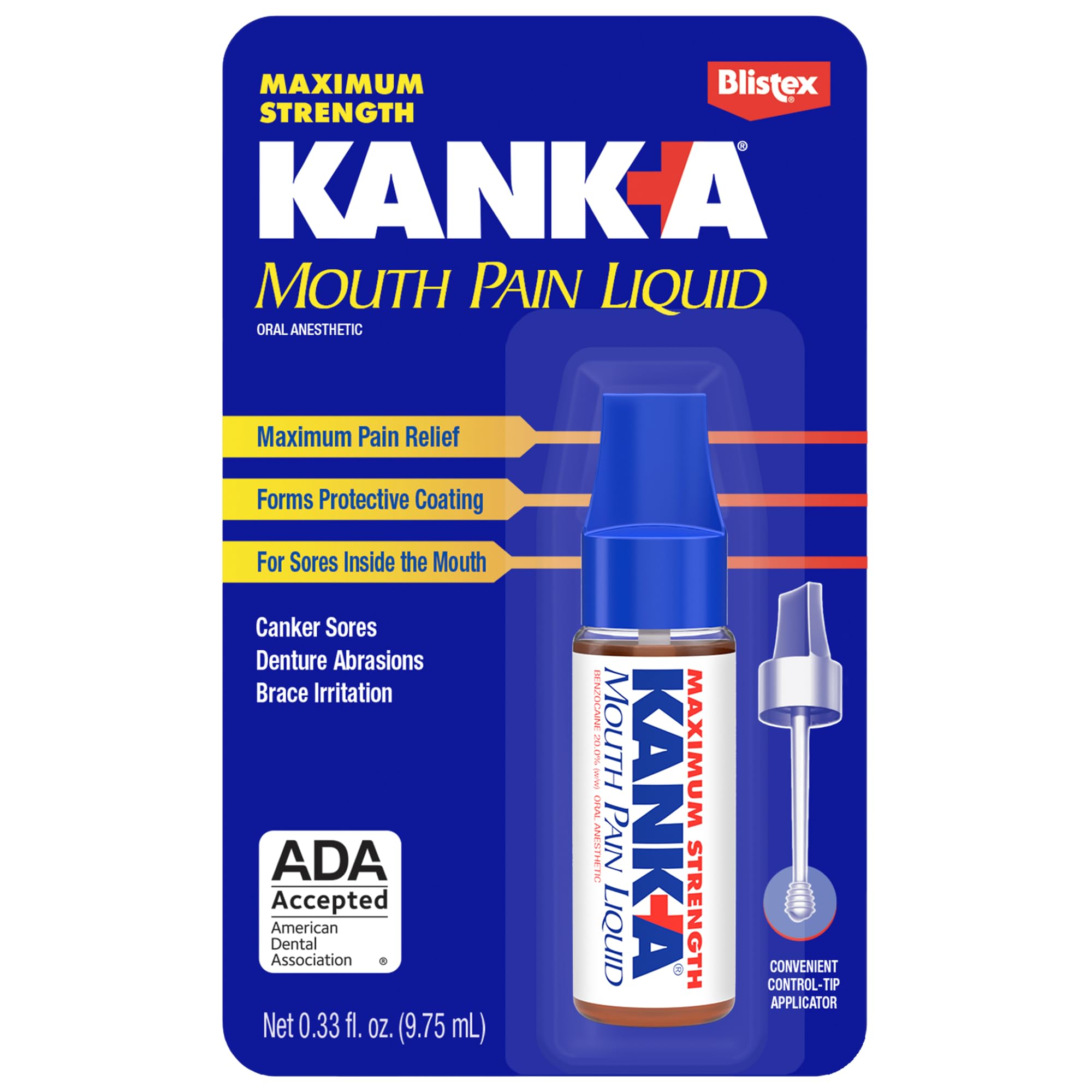 Kank-A Mouth Pain Liquid, Maximum Strength, 0.33 Fl Oz – Canker Sore Medicine, Includes Applicator, Forms Protective Coating for Mouth Sores, Maximum Pain Relief