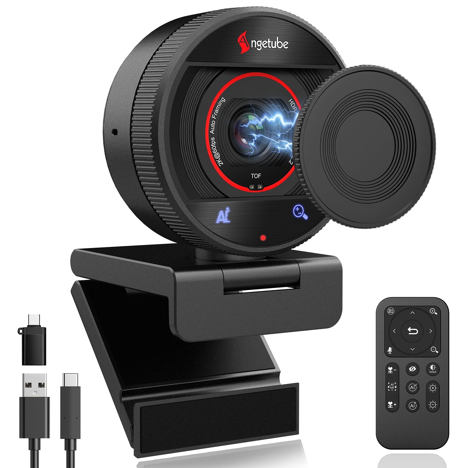 Angetube AI Webcam for PC - 1080p/2K@60FPS HD Web Camera with Remote Control, 8X Digital Zoom Webcam, Privacy Cover, TOF Auto Focus, HDR, USB 3.0 Web Cam Work with Zoom, Skype,Teams, Windows,Mac