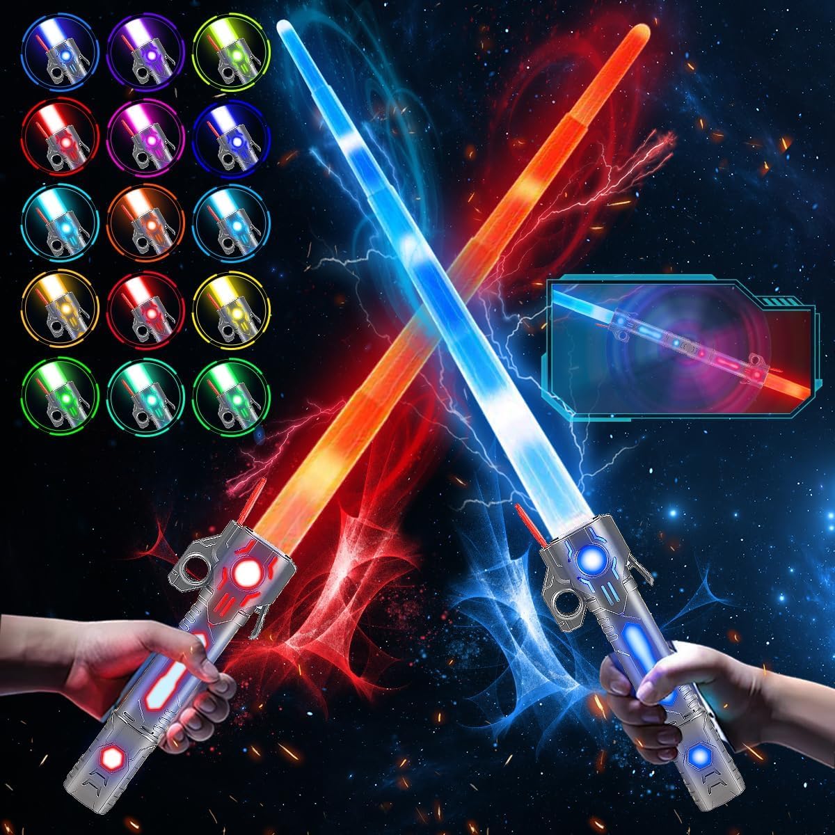 VATOS 2PCS Rechargeable Light Sword for Kids,15 Colour Changeable Light Up Sword with 3D Sound,2 in 1 Retractable LED Light Up Saber Toy for Halloween Dress Up Parties,Christmas, Cosplay War Fighters