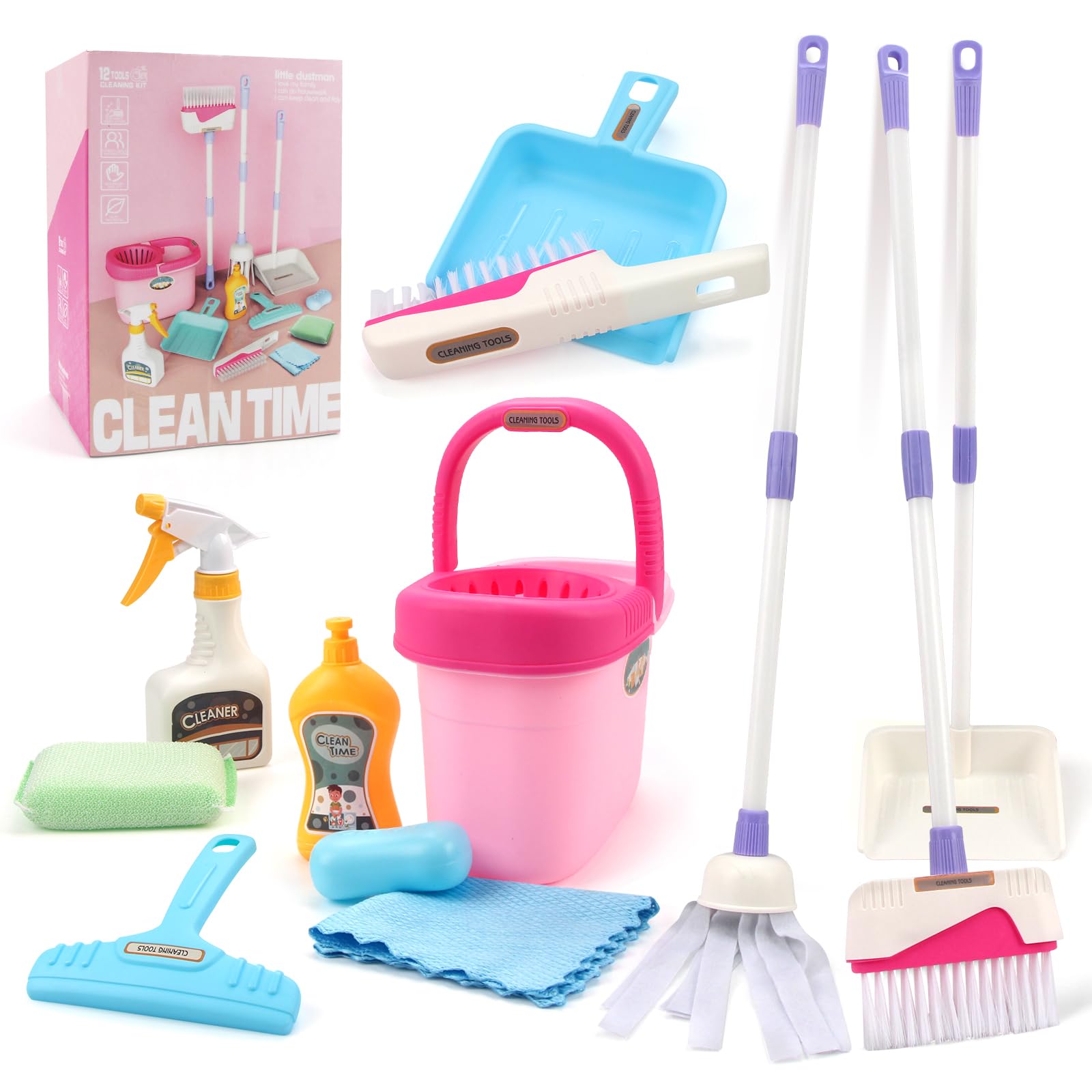 Joyfia Kids Cleaning Set for Toddlers, Detachable 12 Piece Toy Cleaning Set Includes Broom Dustpan Bucket Mop Spray Scraper Brush and More, Pretend Play Housekeeping Kit for Children Aged 3+