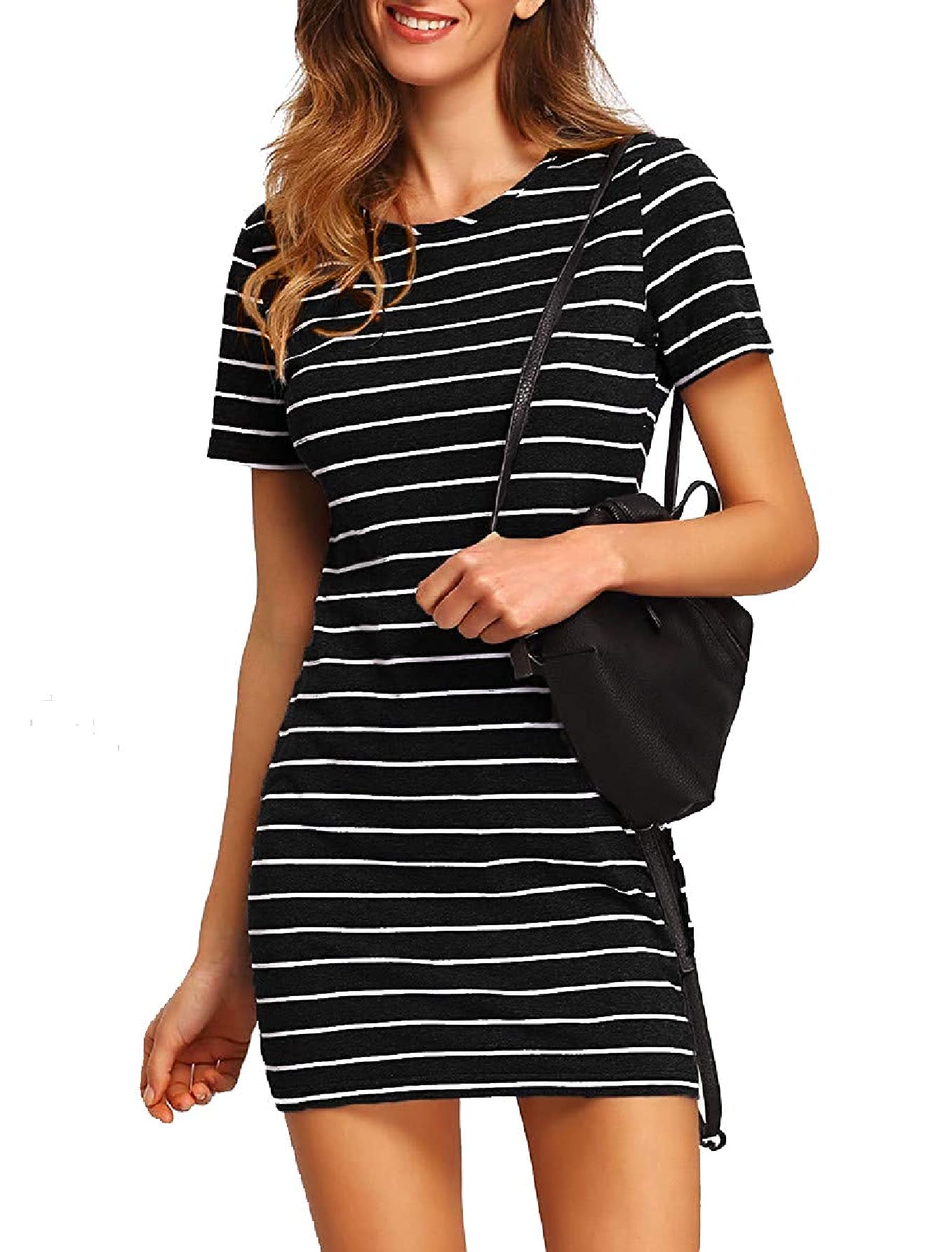 FloernsWomen's Casual Short Sleeve Striped Bodycon T Shirt Short Mini Dress