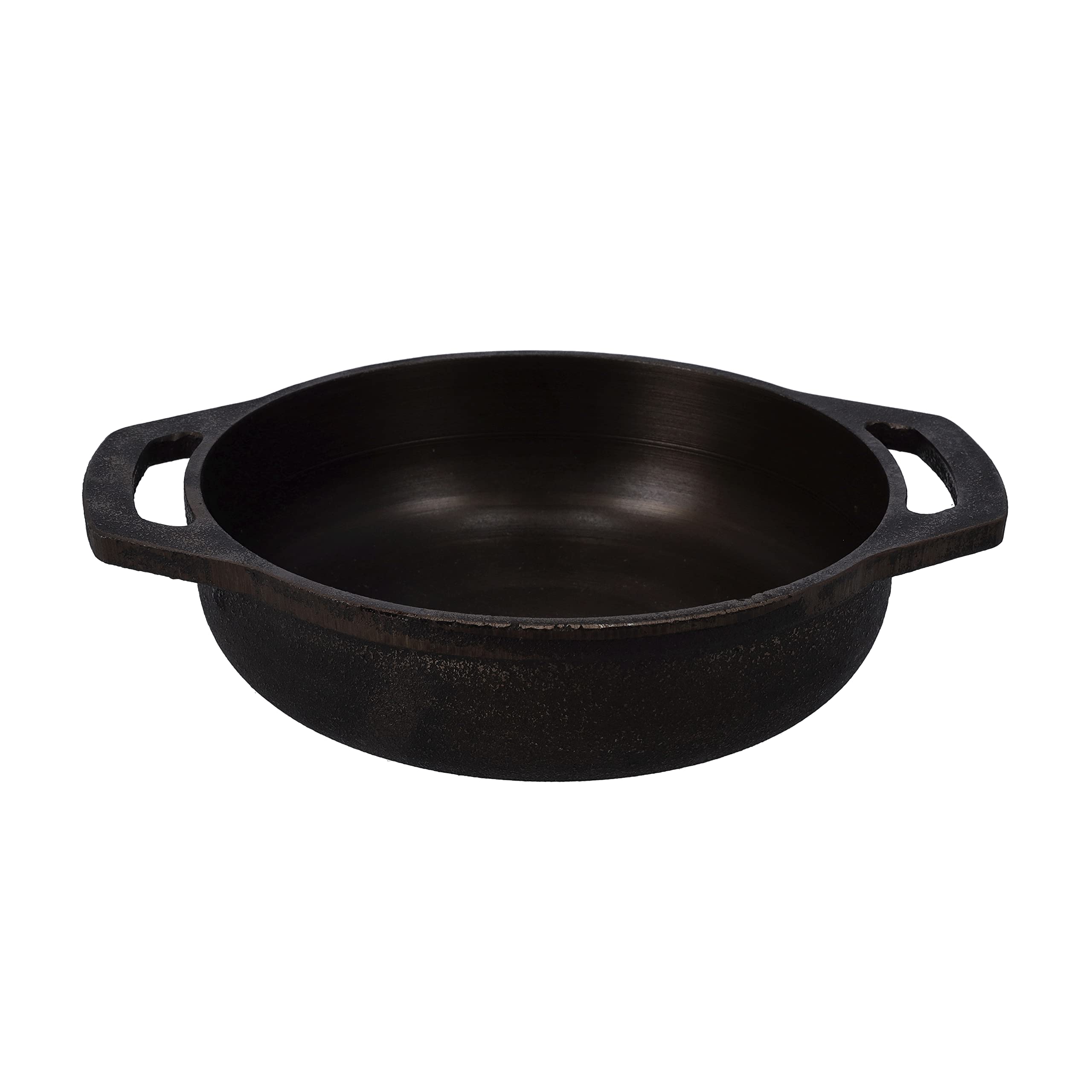 Royalford11 Inch Cast Iron Flat Base Kadai, RF10401 Heavy Duty Construction Grilling Wok & Shallow For Sautees Stir Frys With Wide Handles, Black