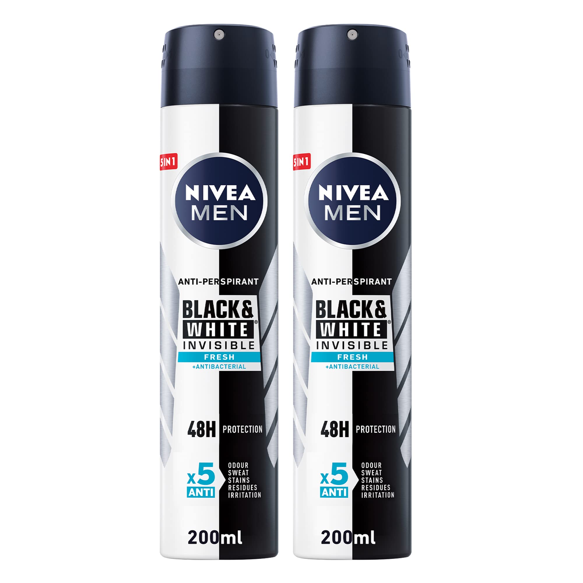 NIVEAMEN Antiperspirant Spray for Men, Black & White Invisible Protection Fresh, 2x200ml