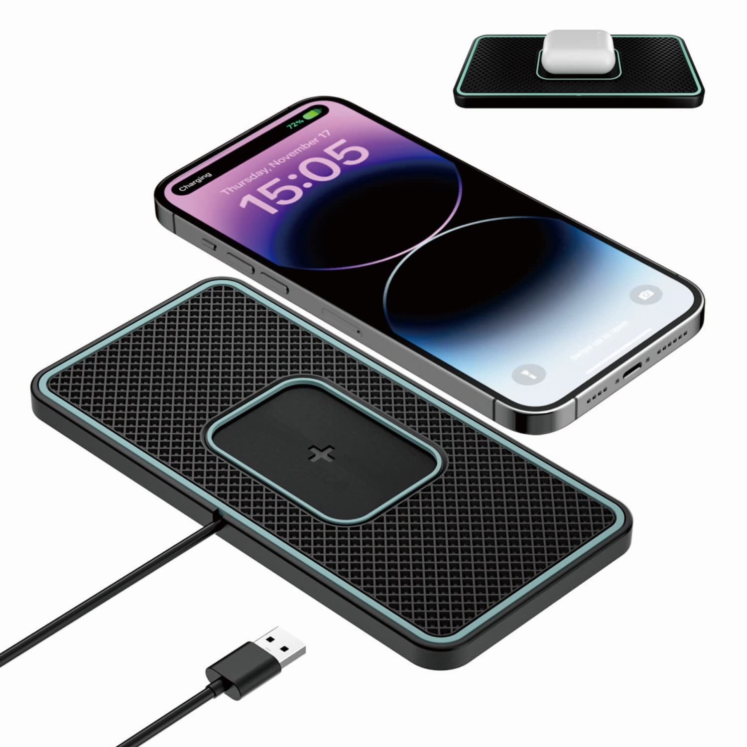 Polmxs Wireless Car Charger Pad, 15W Fast Wireless Charger, Non-Slip Wireless Charging Pad Car Charger, Ultra Slim Car Phone Mat for AirPods 3/Pro/iPhone 14/13/12/11/X, Samsung S22/S21/S20/10+/S10