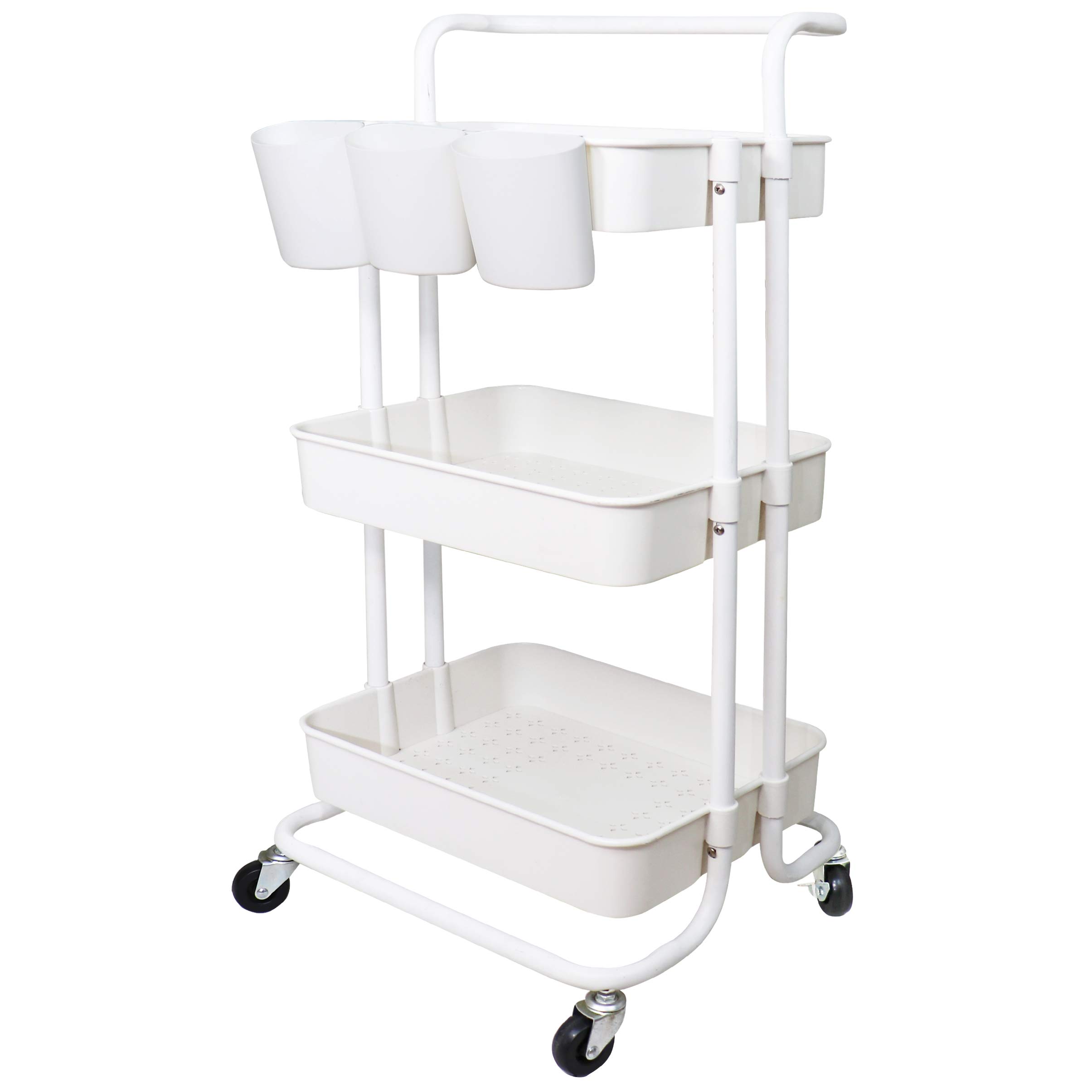 Freletry 3 Tier Utility Rolling Cart Storage Organizer Shelf Multifunction Rack with 3PCS Hanging Cups for Home Office Kitchen Bathroom Store