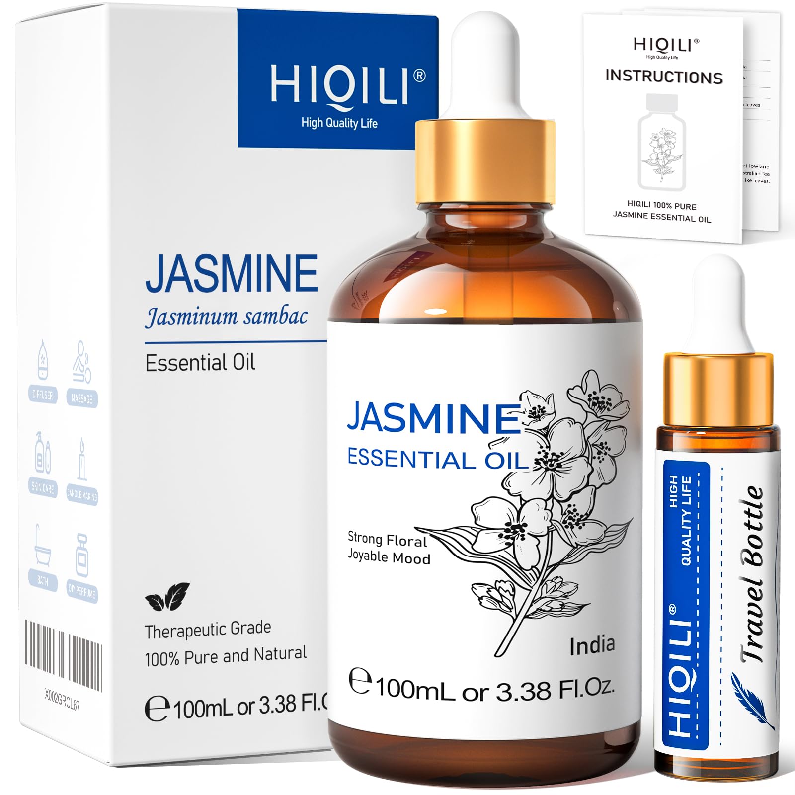 HIQILI Jasmine Essential Oils 100ML, 100% Pure Natural Jasmine Oil, for Perfume, Diffuser, Skin Care, Hair, Sleeping, Shampoo, Aromatherapy - 3.38 FI.Oz.