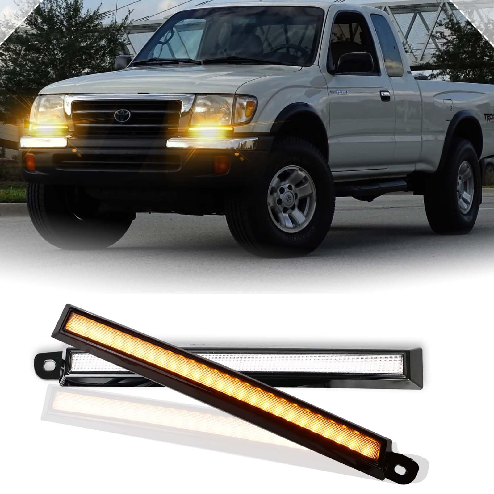 Switchback White/Amber LED Front Side Marker Headlight Daytime Running Lamp Amber Sequential Turn Signal Light Feature Compatible with Toyota Tacoma 1998-2000 Replacement Front Bumper Trim