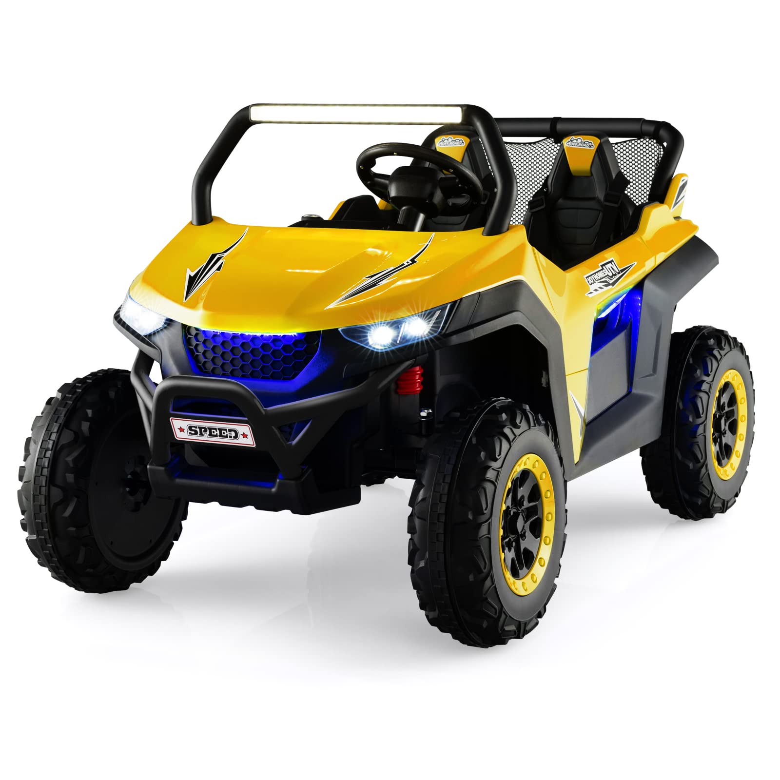 COSTWAY 12V Kids Electric Ride On UTV, 2-Seater Battery Powered Truck with Remote Control, Bluetooth, LED Light, Music, MP3/USB/FM, 4 Spring Suspension Wheels Vehicle Toy for Children (Yellow)