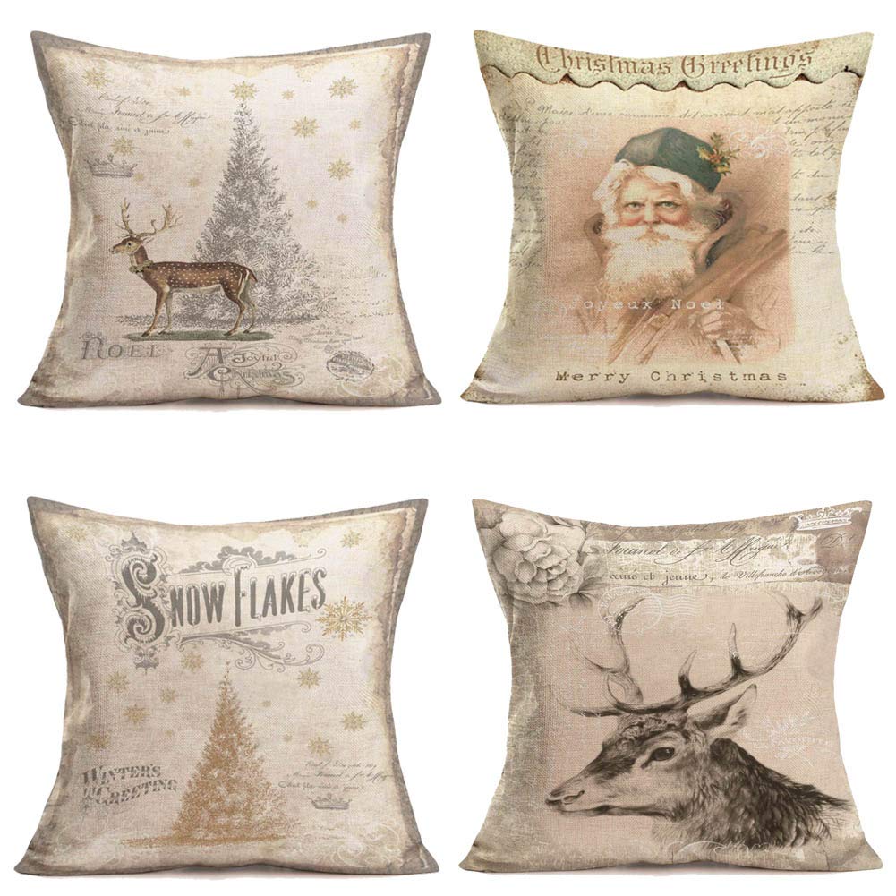 QinqingoThrow Pillow Covers Christmas Winter Home Decorative Cotton Linen Vintage Background Christmas Tree Snowflakes Santa Claus Elk Throw Pillow Case Cushion Cover for Sofa Couch 18" (Vintage Set)