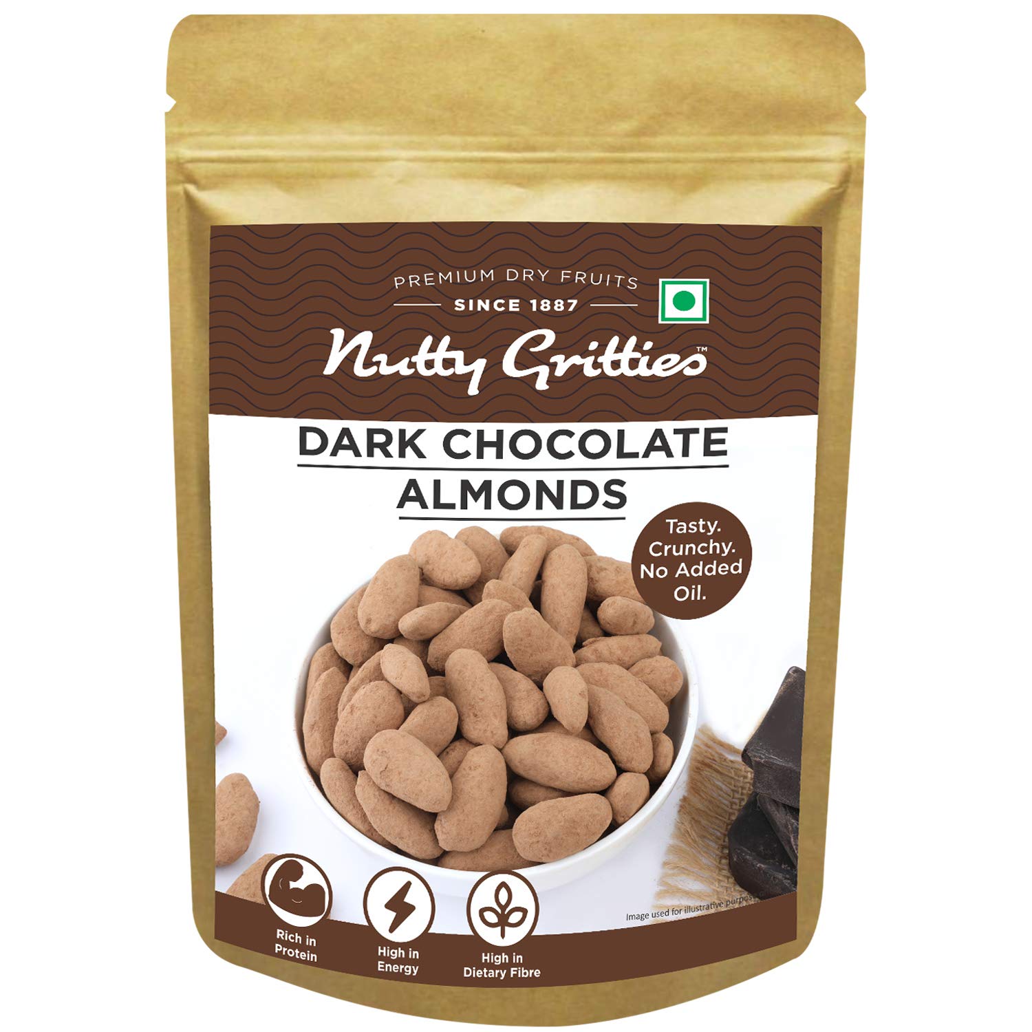 Nutty Gritties Almonds 200g - Dark Chocolate Flavored, Delicious Healthy Snack for all, Non Fried, Zero Oil, Crunchy | Resealable Pouch