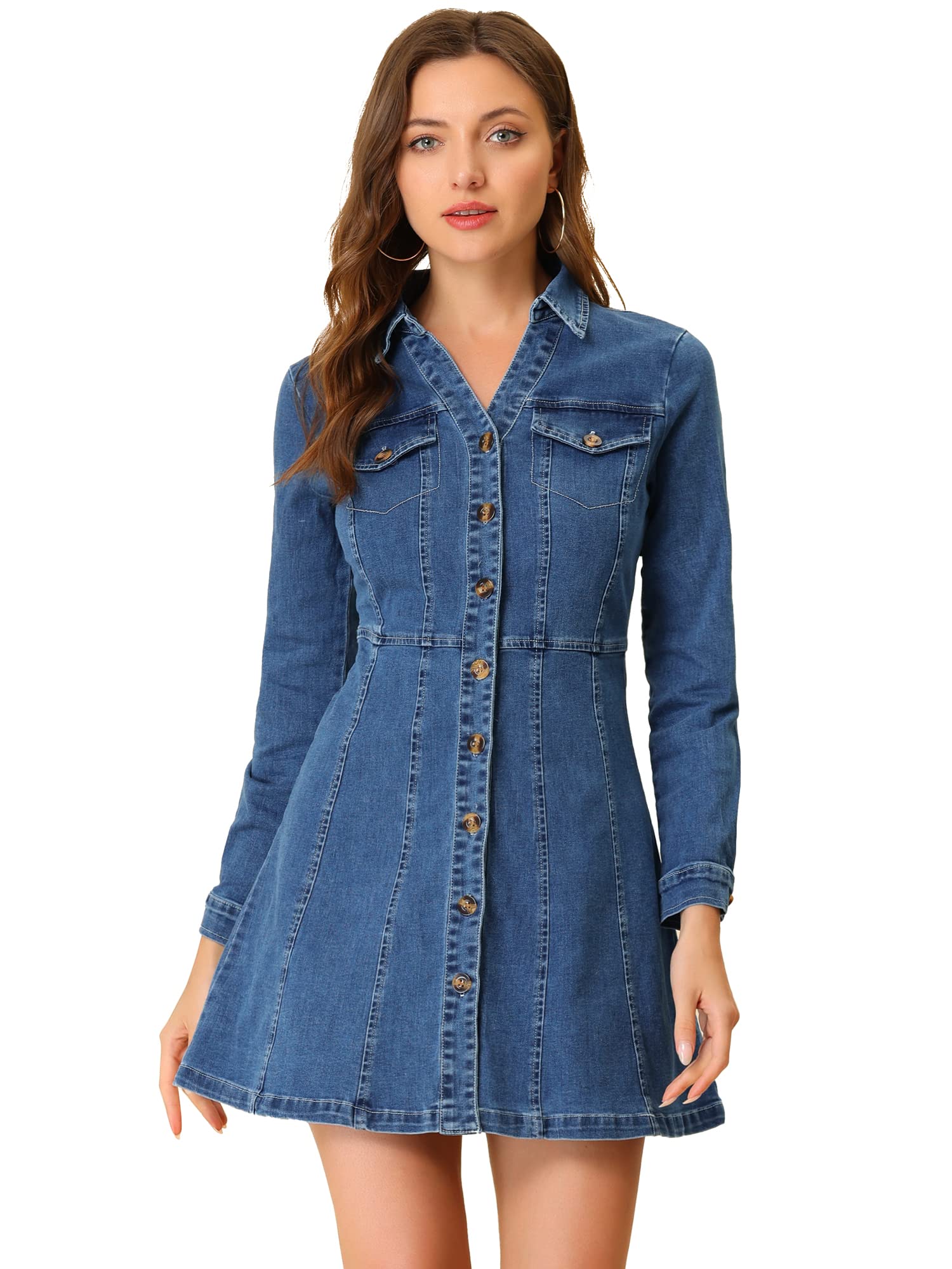 Allegra K Women's Denim Dress Button Down Collar V Neck Long Sleeve A-line Cotton Jean Dress