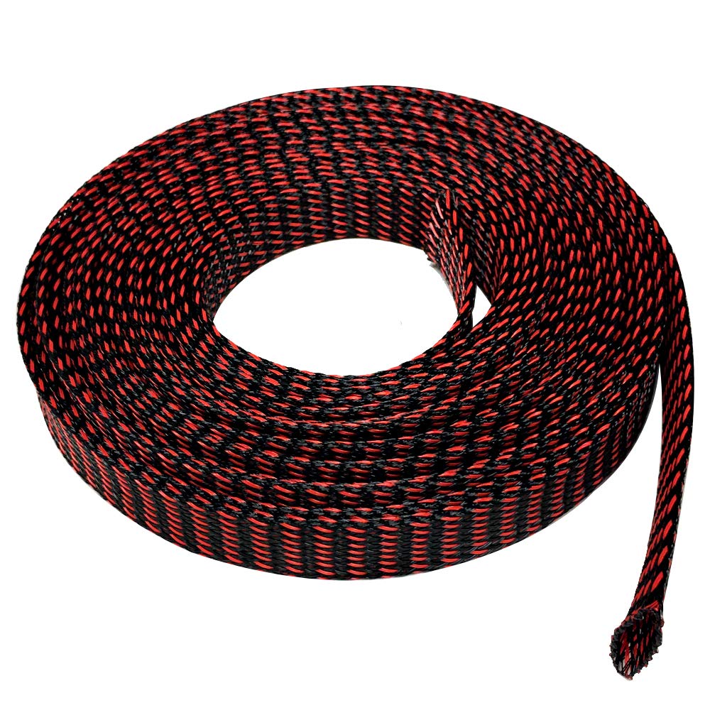 Seismic Audio - EBS18100Red- 100 Feet Red/Black 1/8" Expandable Woven Cable Sleeve Tubing Cord Sock