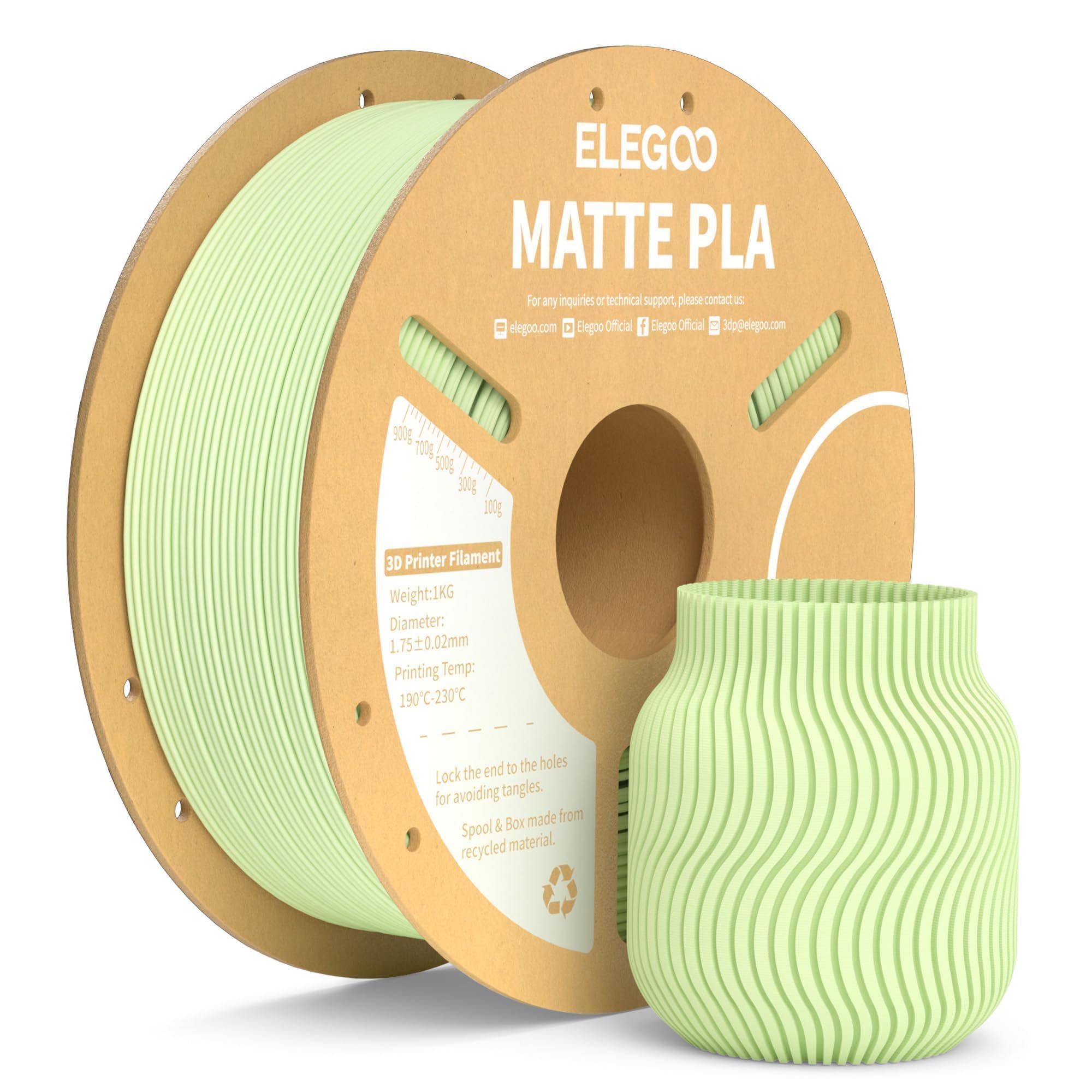 ELEGOO Matte PLA Filament Mint Green 1KG, 1.75mm 3D Printer Filament Dimensional Accuracy +/- 0.02mm, 1kg Carboard Spool (2.2lbs) for Most FDM 3D Printers