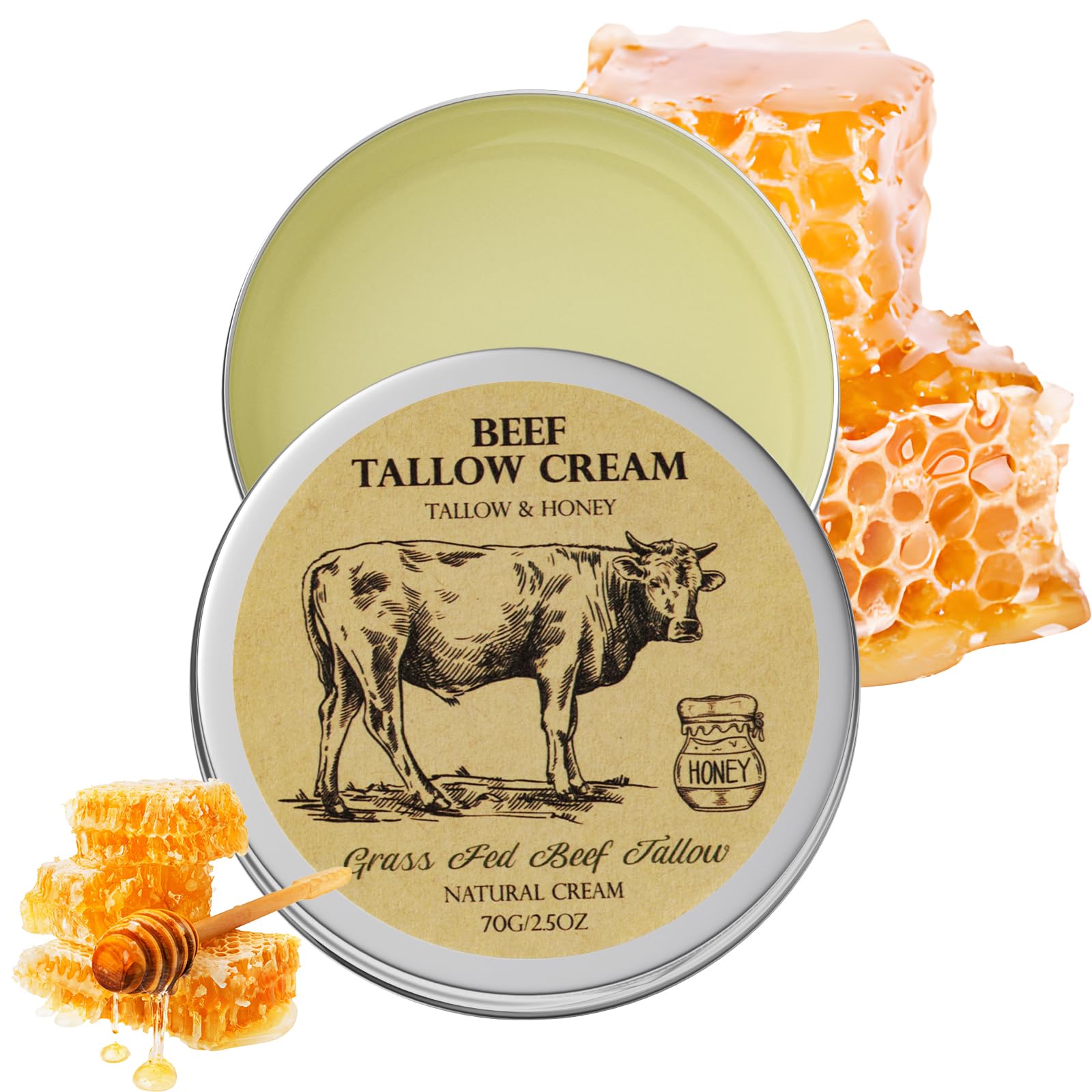 Beef Tallow for Skin, Tallow and Honey Balm,Tallow Face Moisturizer, Natural Organic Grass-Fed Beef Tallow Balm with Raw Honey Moisturizing Cream for Body Lotion Skin Care