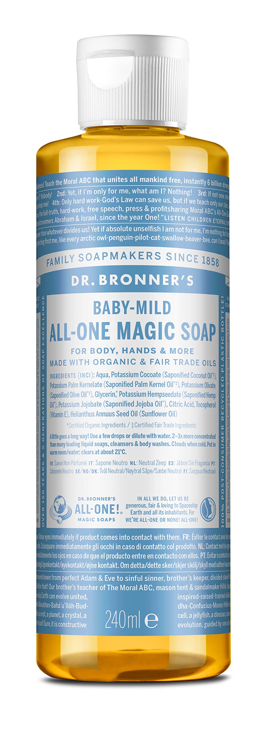 Dr Bronner's All-in-1 Baby Mild Magic Soap, Unscented Pure Castile Liquid Soap, Made with Organic Oils, Used for Face, Hair, Babies, Laundry and Dishes, Certified Fair Trade & Vegan Friendly, 240 ml