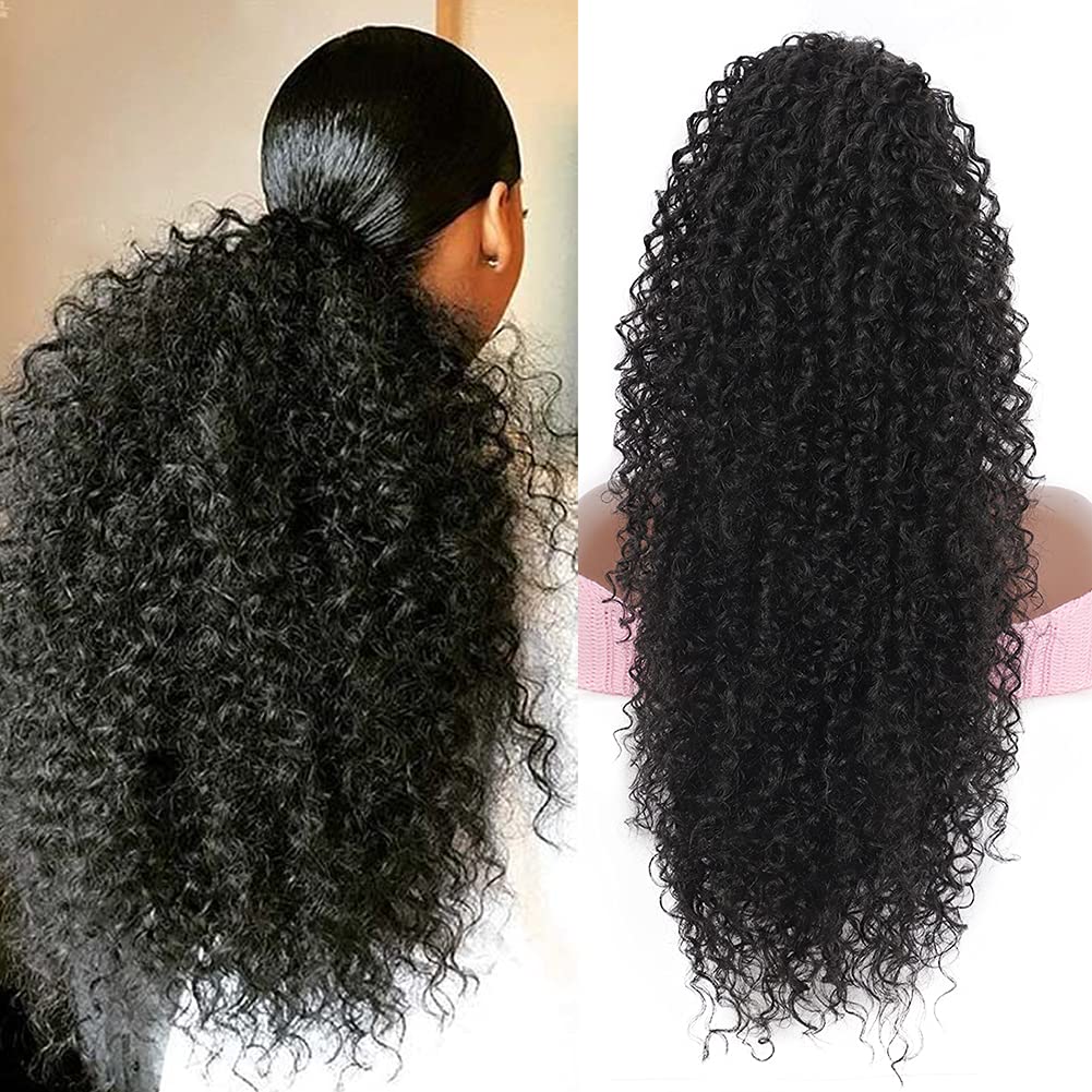 Youthfee27” Drawstring Ponytail Deep Curly Heat Resistant Human Hair Blended Instant Clip Ponytail Extension Protective Style Afro Kinky Curly Hair Pieces for Women