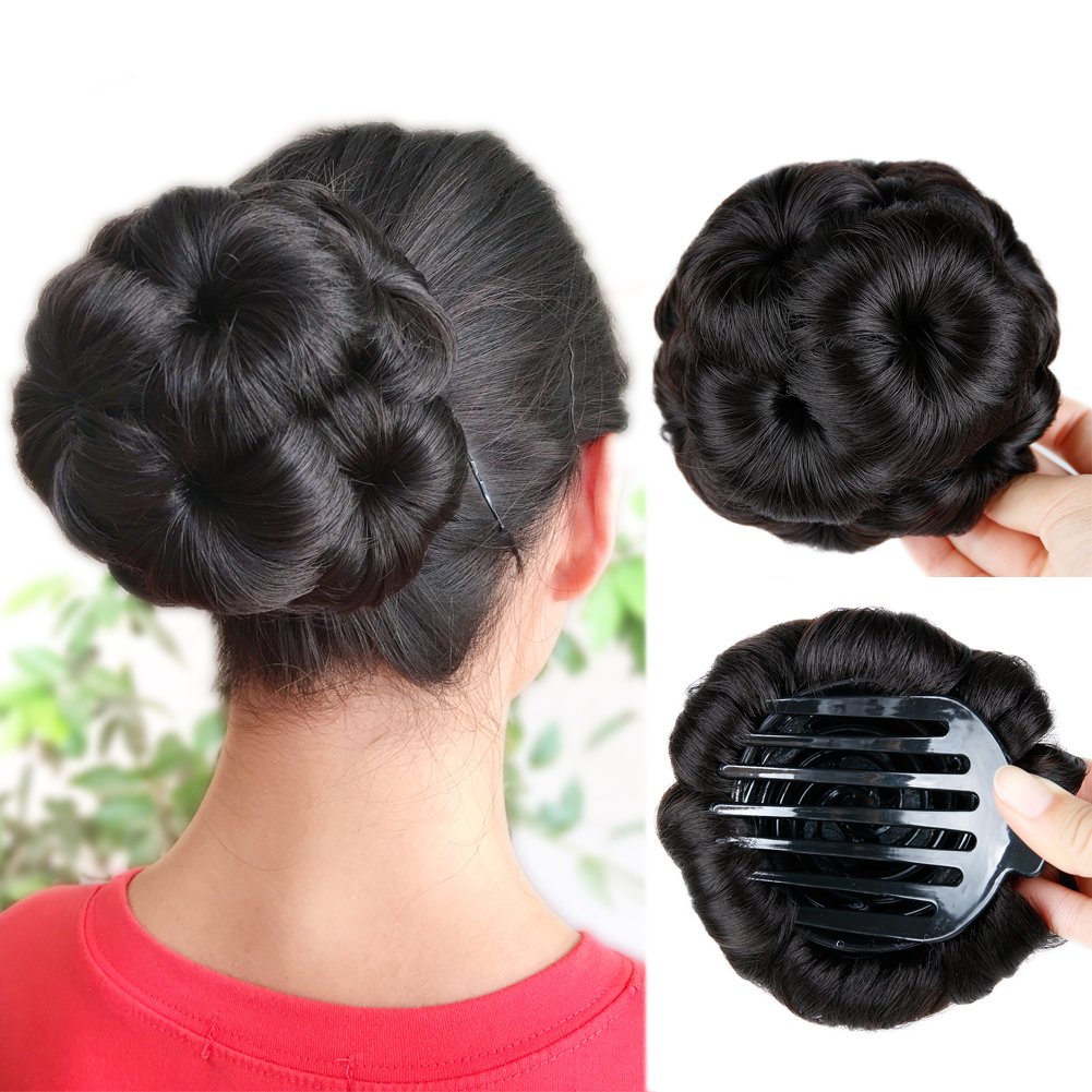 HANNE Hair Buns Hair Pieces for Women Fake Hair Bun Extension Hair Chignon Pony Tail Bun Artificial Synthetic Tress Claw In Ponytail Hair Extension Women's Hairpiece (Natural Black)