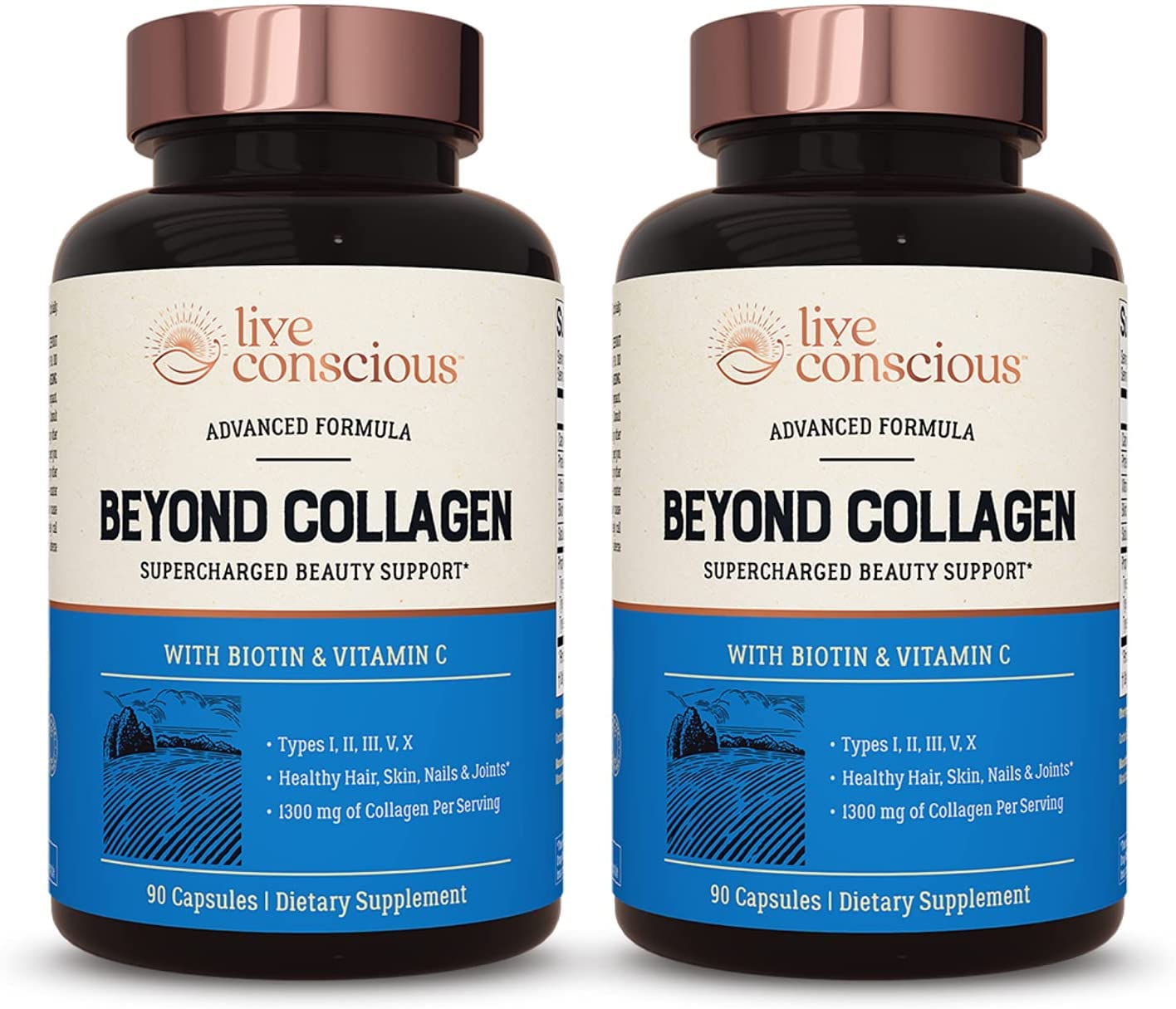 Beyond Collagen Multi Collagen Capsules - Types I, II, III, V & X | Hydrolyzed Blend with Biotin & Vitamin C for Hair, Skin, Nails | Live Conscious - 180 Capsules (2-Pack)