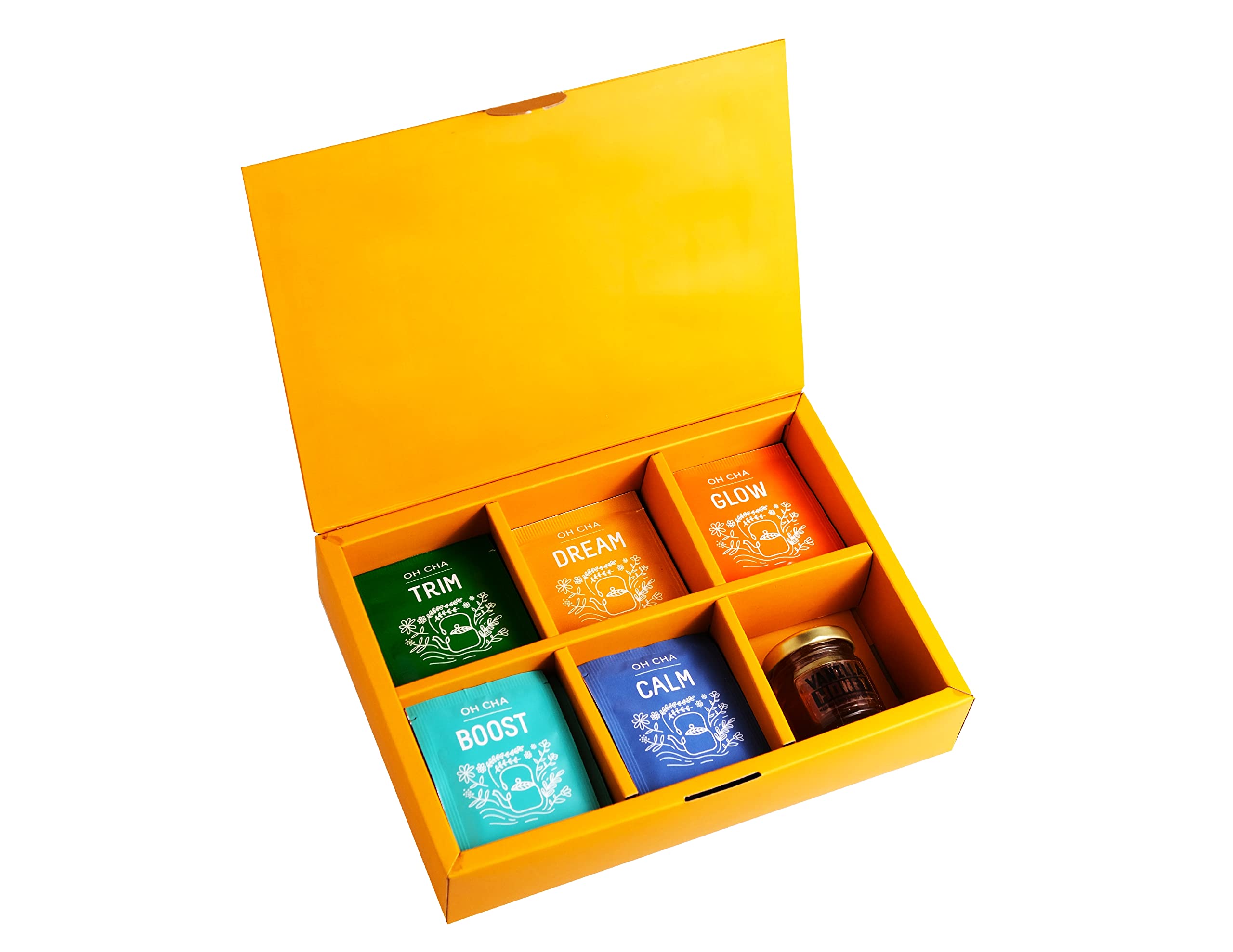 OH CHA - Assorted Tea Gift Set | Trim, Dream, Glow, Boost and Calm Teas | Healthy Detox Green Tea for Weight Loss, Good Sleep, Skin & Hair Care | Gift for Women, Men, Any Occasion | 100% Natural Ingredients | Wellness Tea Collection Pack | 35 Tea Bags + Honey Jar