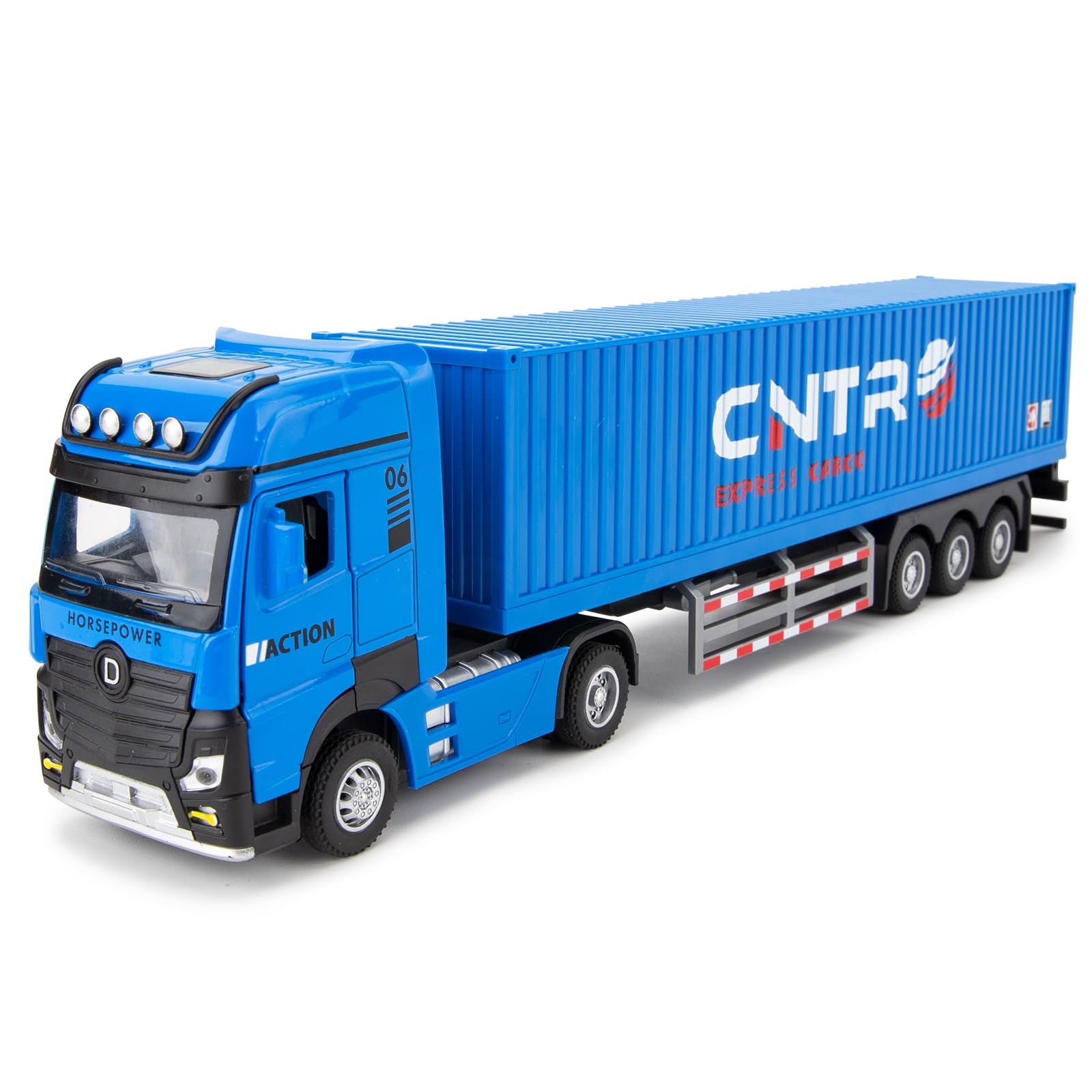 Container Truck Toy Car，Collectible Transport Vehicle Model Car with Lights and Sounds，Pull Back Diecast Toy Gift for Chirdren Blue