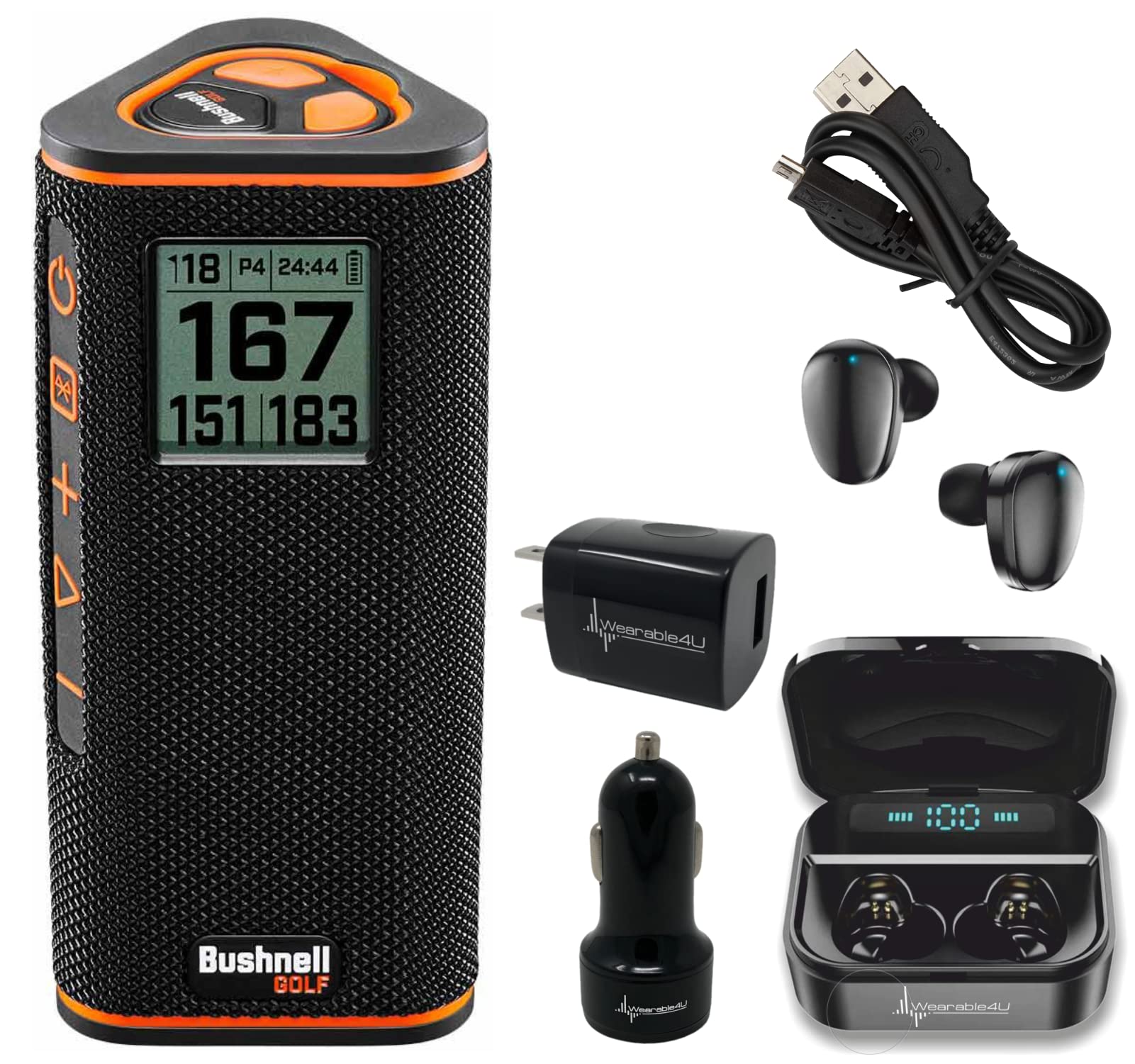 Wearable4U - Bushnell Wingman View Golf GPS Bluetooth Speaker with Ultimate Black Earbuds and Wall and Car Chargers Bundle