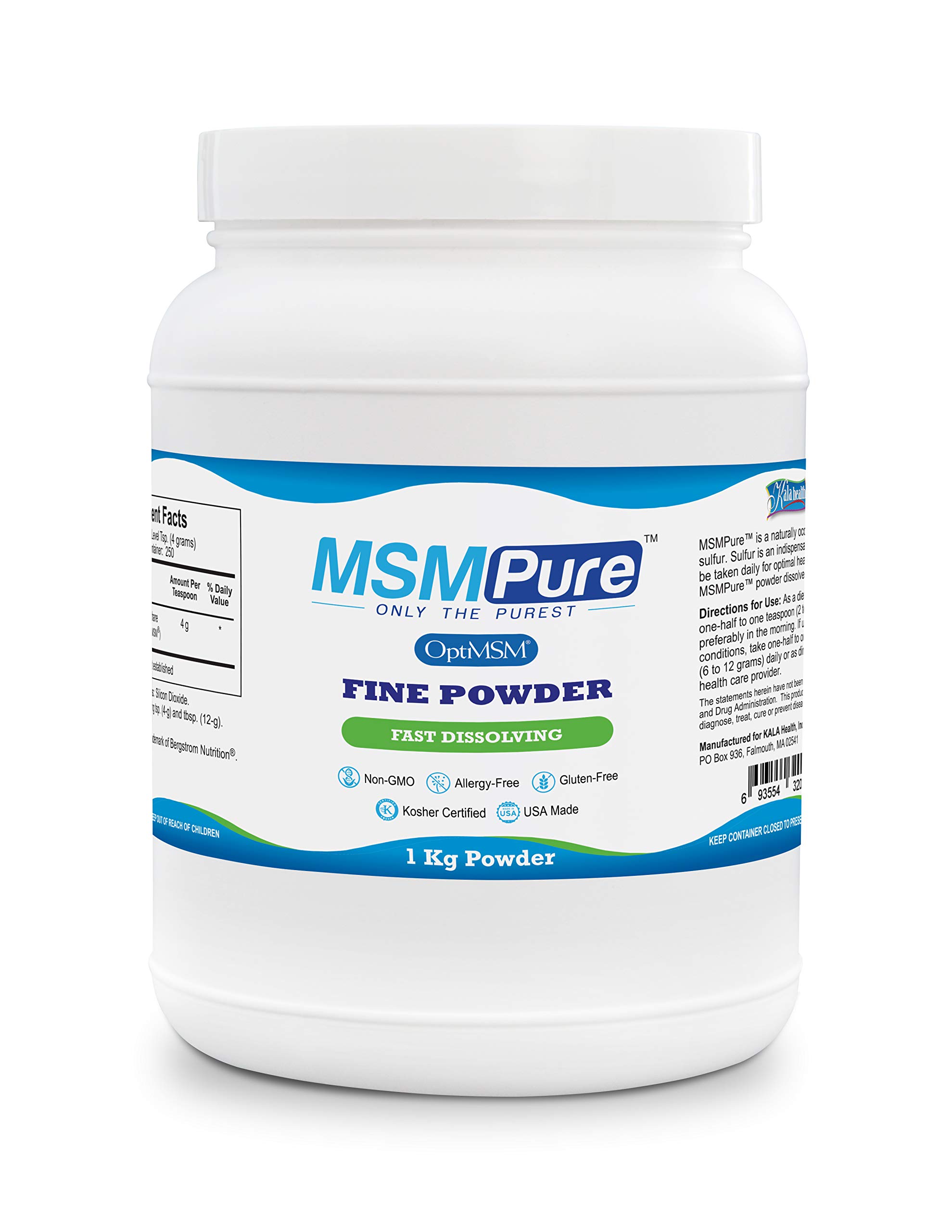 Kala Health MSMPure Fine Powder, Fast Dissolving Organic Sulfur Crystals, 99% Distilled MSM Supplement, 1 kg