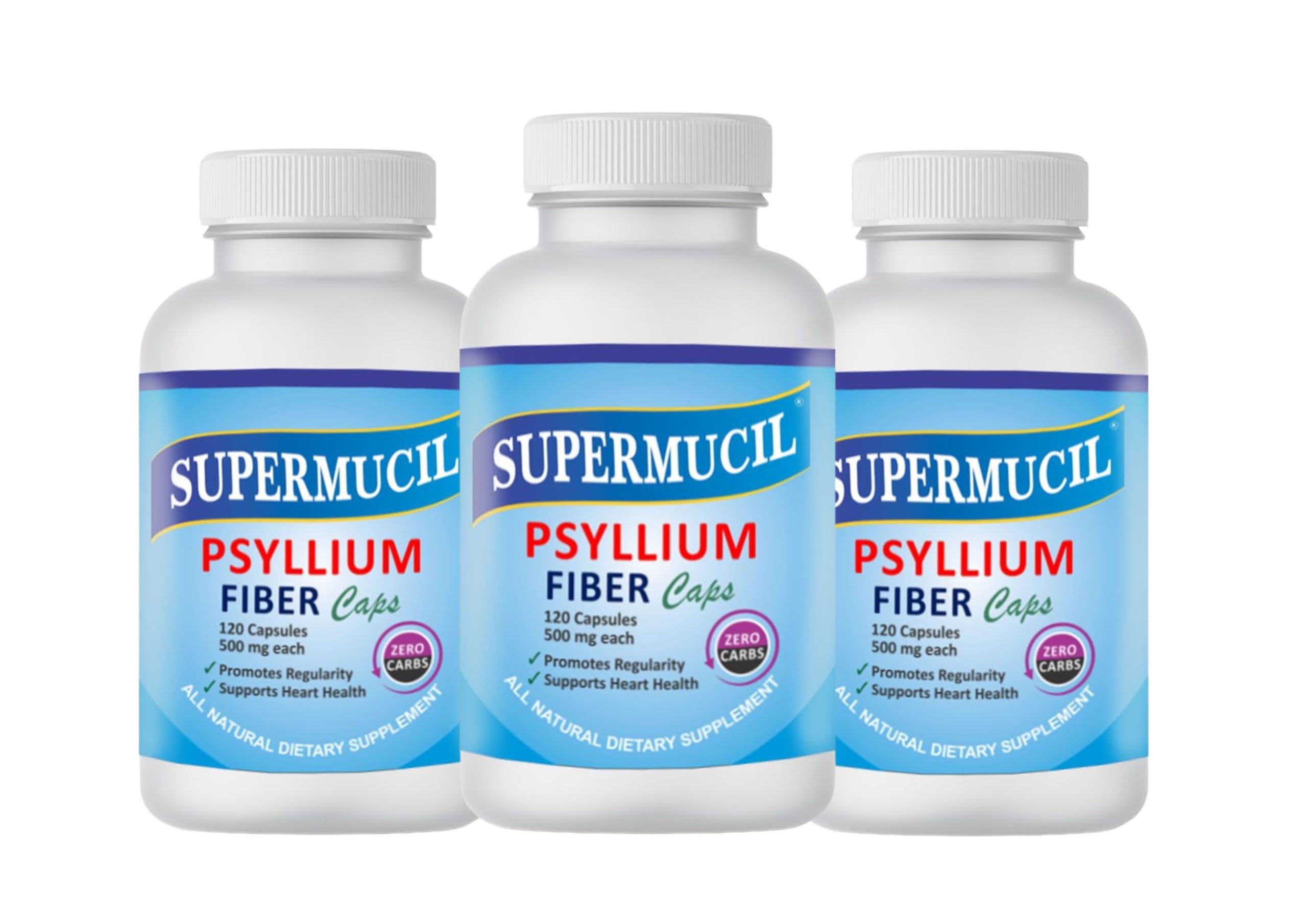 SUPERMUCIL Psyllium (Sat Isabgol) Capsules: 360 Capsules (500 mg each) (Combo Pack) (3X120 Caps)