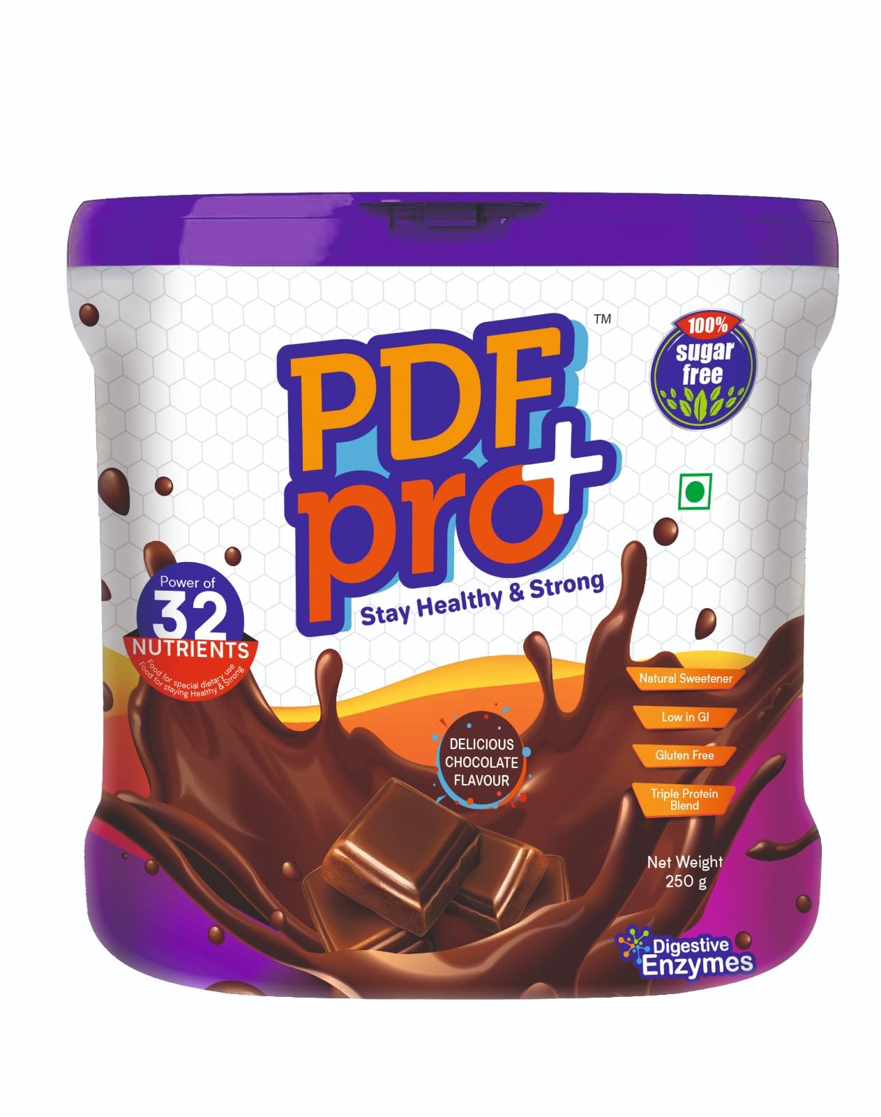 PDF Pro+ Soy & Whey Protein Blend Powder (250g, Chocolate Flavor) - 100% Sugar Free - With 32 Nutrients & Digestive Enzymes – For Men & Women – Low in GI – For Balanced Nutrition & Strong Immunity