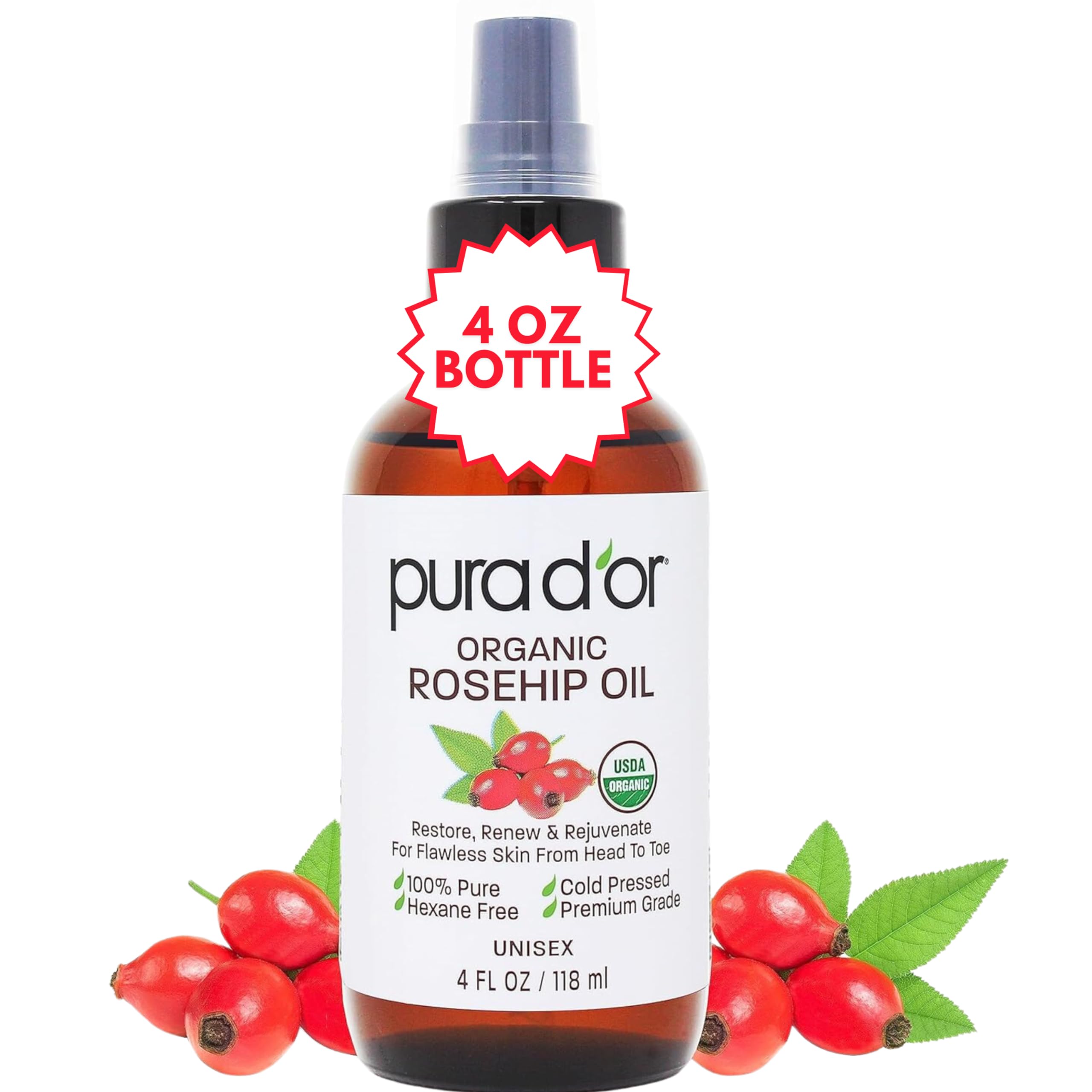 PURA D'OR Organic Rosehip Seed Oil (4oz / 118mL) 100% Pure Cold Pressed USDA Certified Organic, All Natural Anti-Aging Moisturizer Treatment for Face, Hair, Skin, Nails, Men-Women (Packaging may vary)