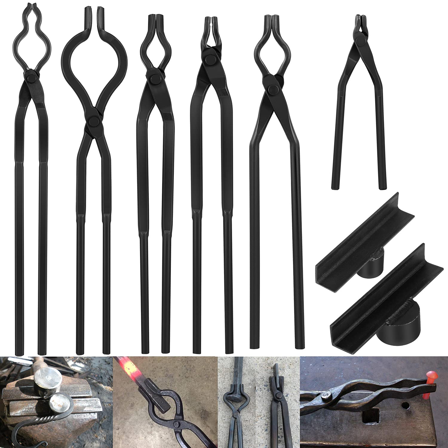 Blacksmith Tongs Set Expert Replacement Tongs/Blacksmith Starter Tool Includes Spike Tongs, Flat Jaw Tongs, Bolt Tongs, Pick-up Tongs, Hook Jig-Superior Blacksmith Tongs Black(8 PCS)