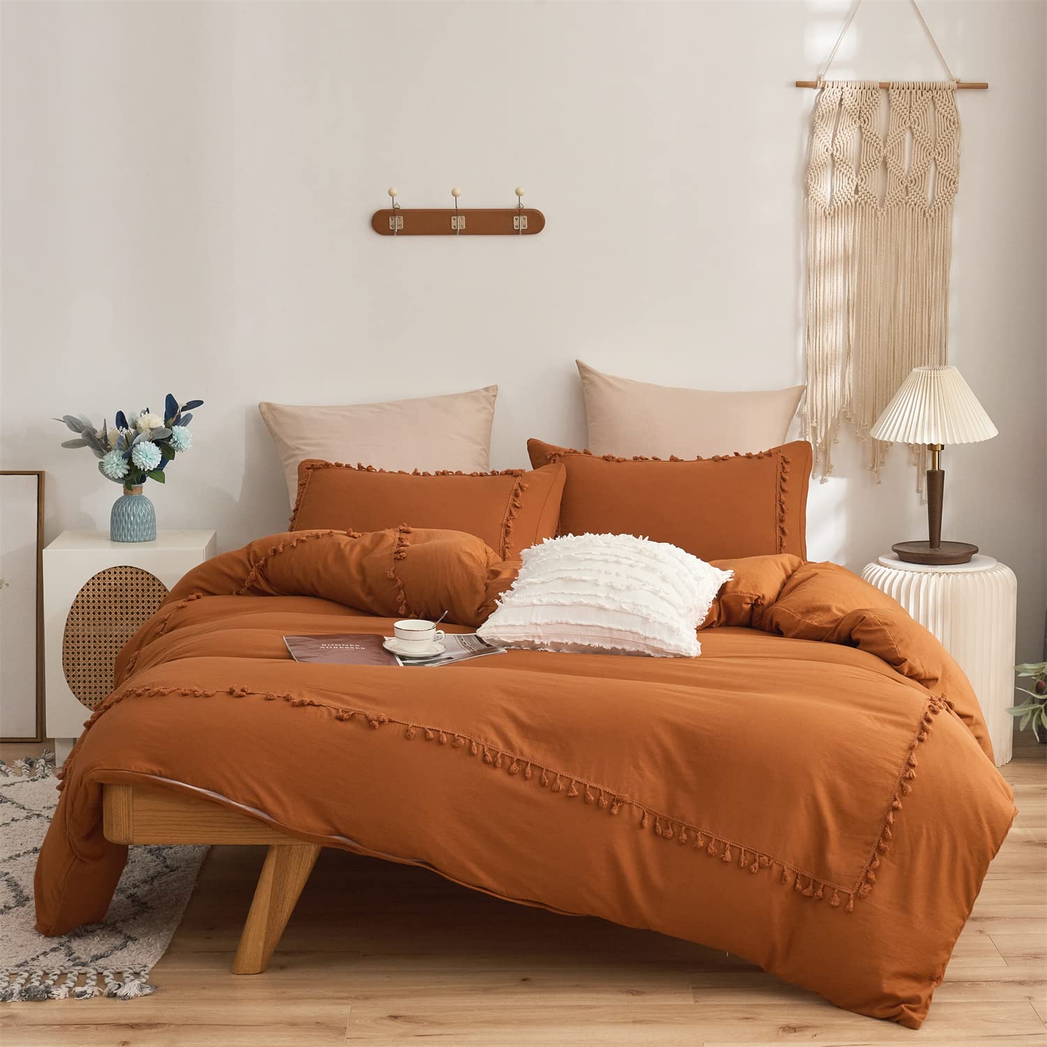 Terracotta Orange Boho Bedding, Twin Tufted Tassel Fringe Farmhouse Duvet Cover,Boho Chic BeddingSolid Color,100% Washed Microfiber,Lightweight for All Season (Terracotta, Twin)