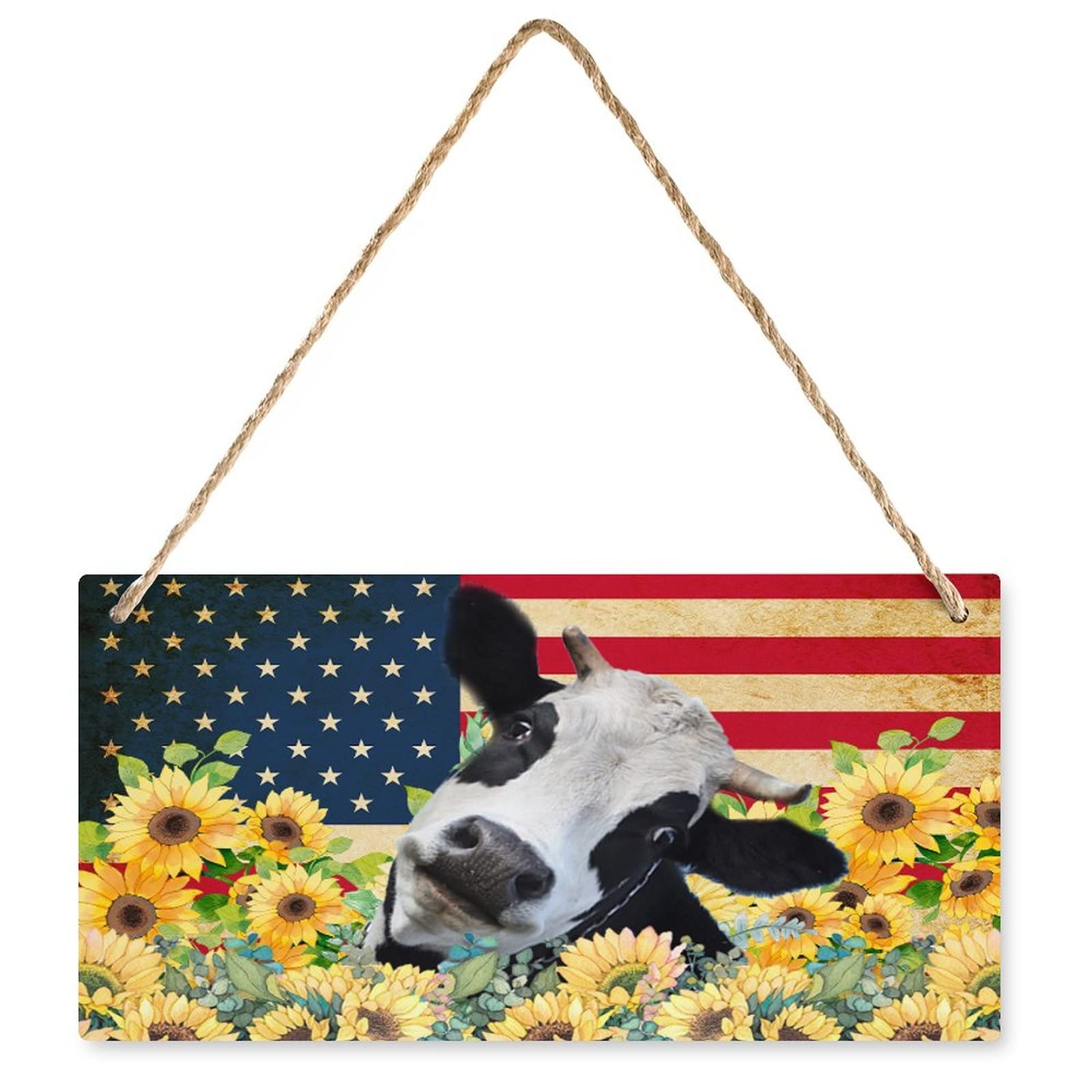 Independence Day Wooden Signs 5x10 Inch USA Flag Cow Bull Beef Vintage Sunflowers Farmhouse Sign Home Wall Art Decor Wood Plaque Sign for Kitchen Decor