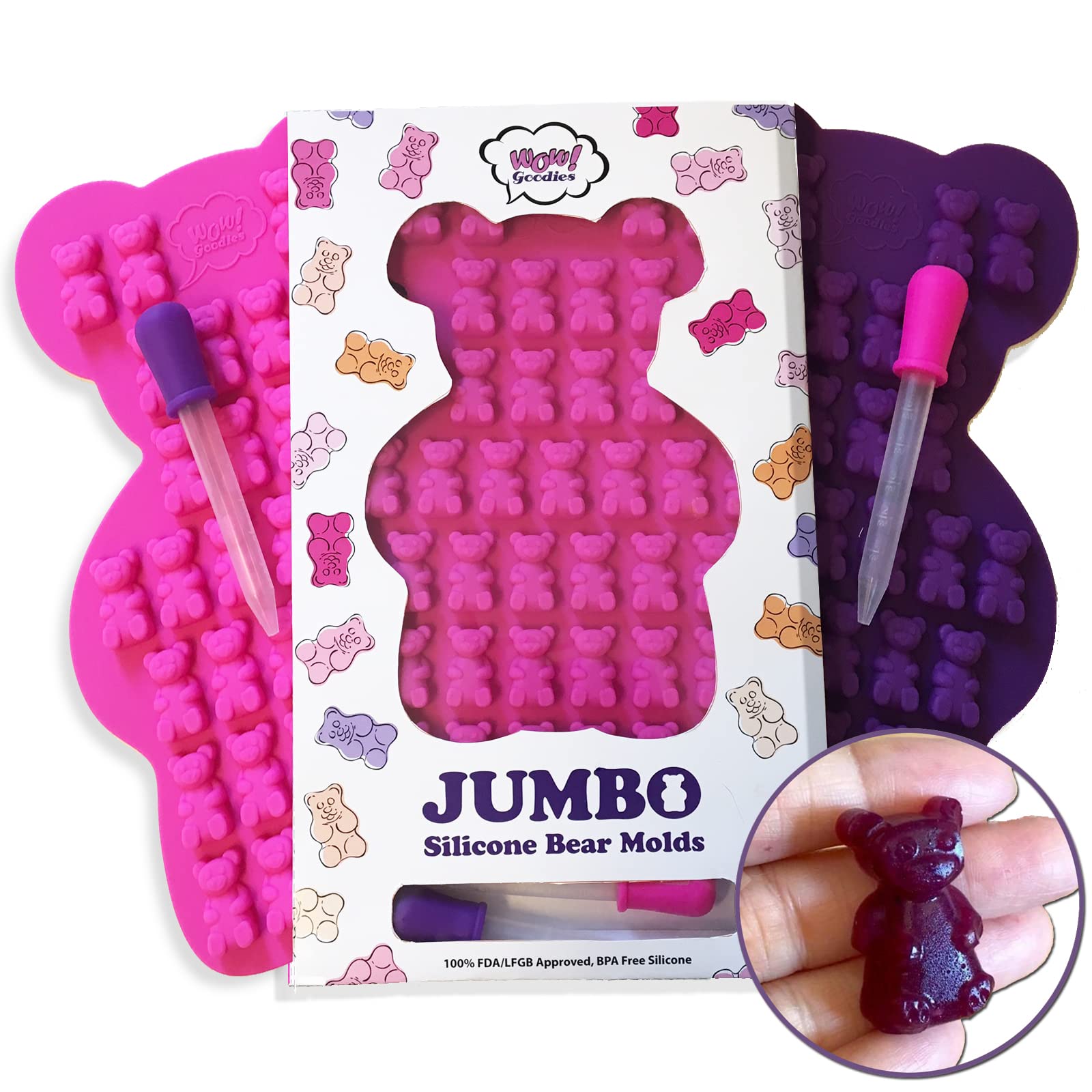 2 Unique Extra Large Gummy Silicone Bear Molds - 2 Big Molds + 2 Bonus Droppers (1 Inch Super Cute Bears) These Jello, Candy or Chocolate Molds are Made of Durable BPA Free Silicone