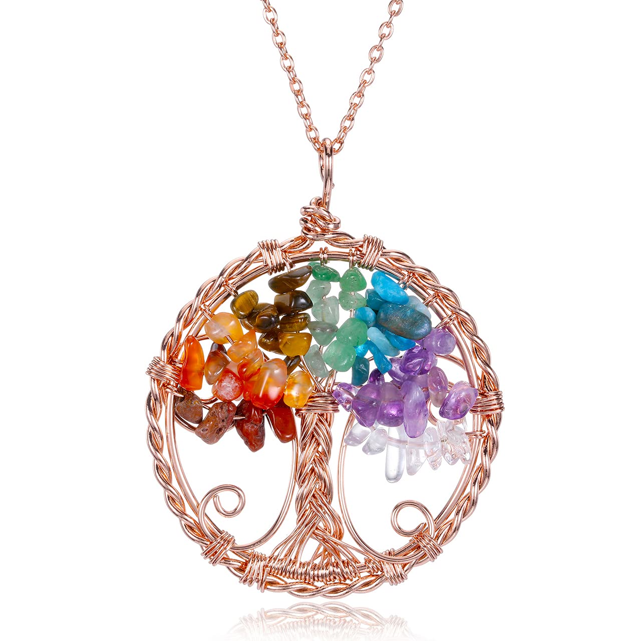 Top Plaza7 Chakra Healing Crystal Necklace Tree of Life Wire Wrapped Pendant Necklaces Reiki Stone Gemstone Quartz Jewelry for Womens Girls