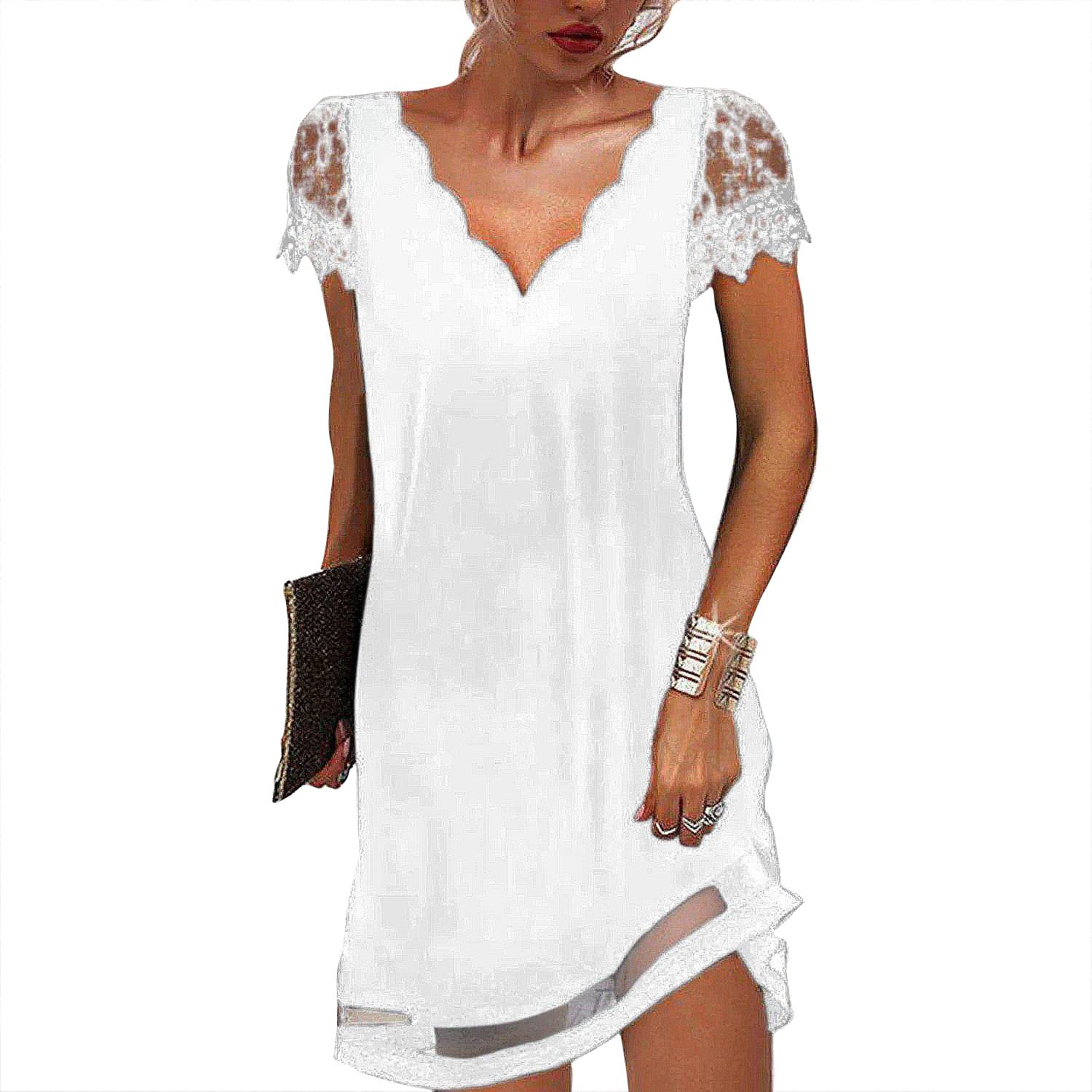 2022 Women's Summer V Neck Dresses Short Sleeve Tops Basic Loose Lace shoulder dress Shirts Solid