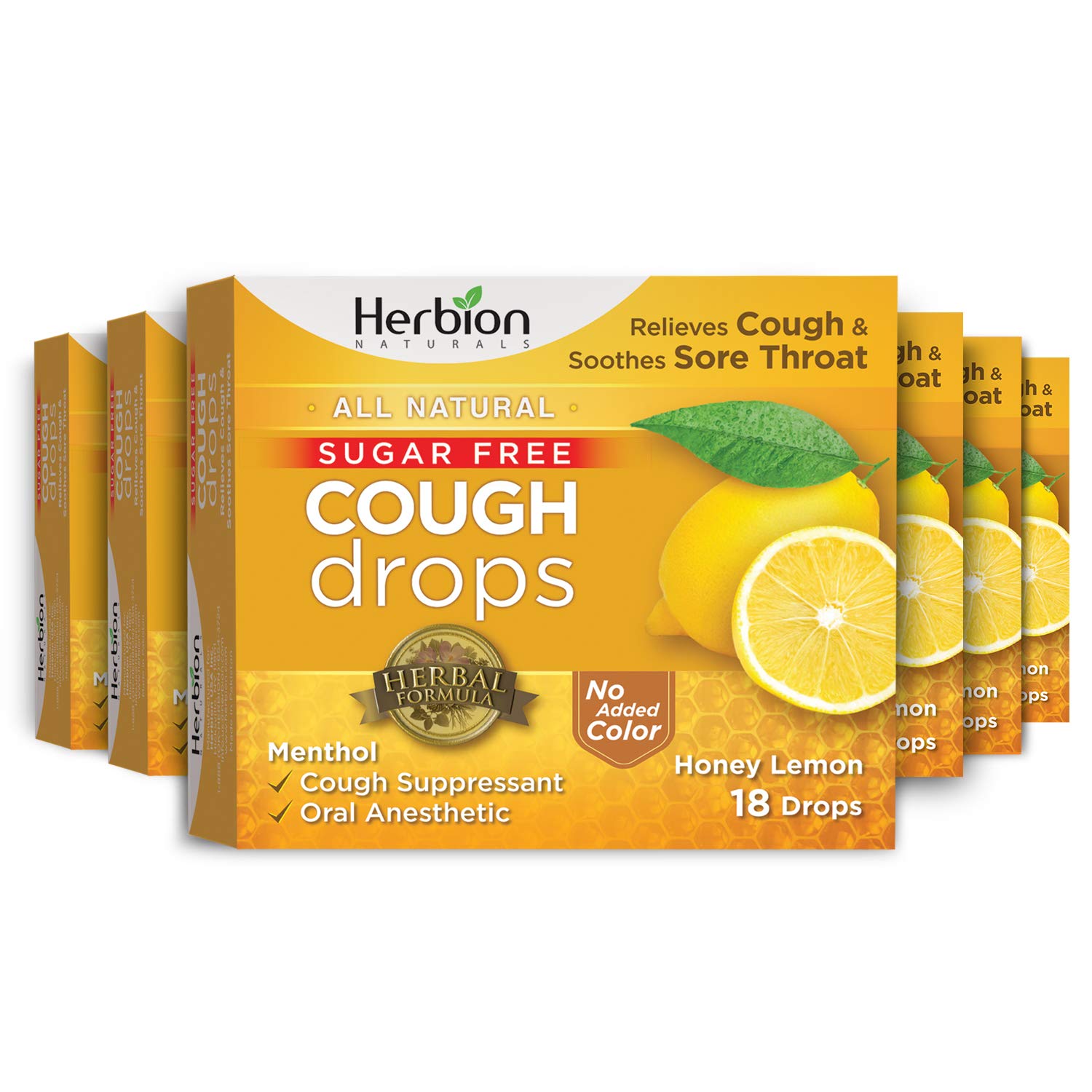 Herbion NaturalsSugar Free Cough Drops Honey Lemon Flavor Relieves Cough Soothes Sore Throat 108 Count (Pack of 6, 18 Counts per Pack)