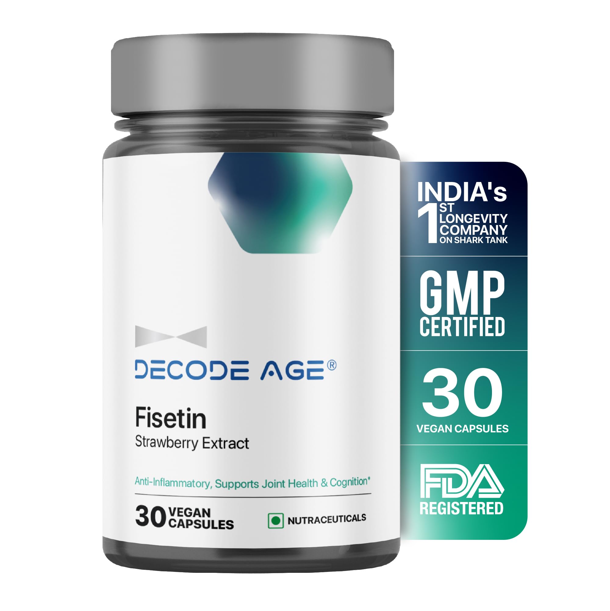 Decode Age 99% Pure Best Fisetin Supplement, Senolytic Activator 100 mg | Pro Longevity Supplement | Improves Memory | 30 Vegan Capsules