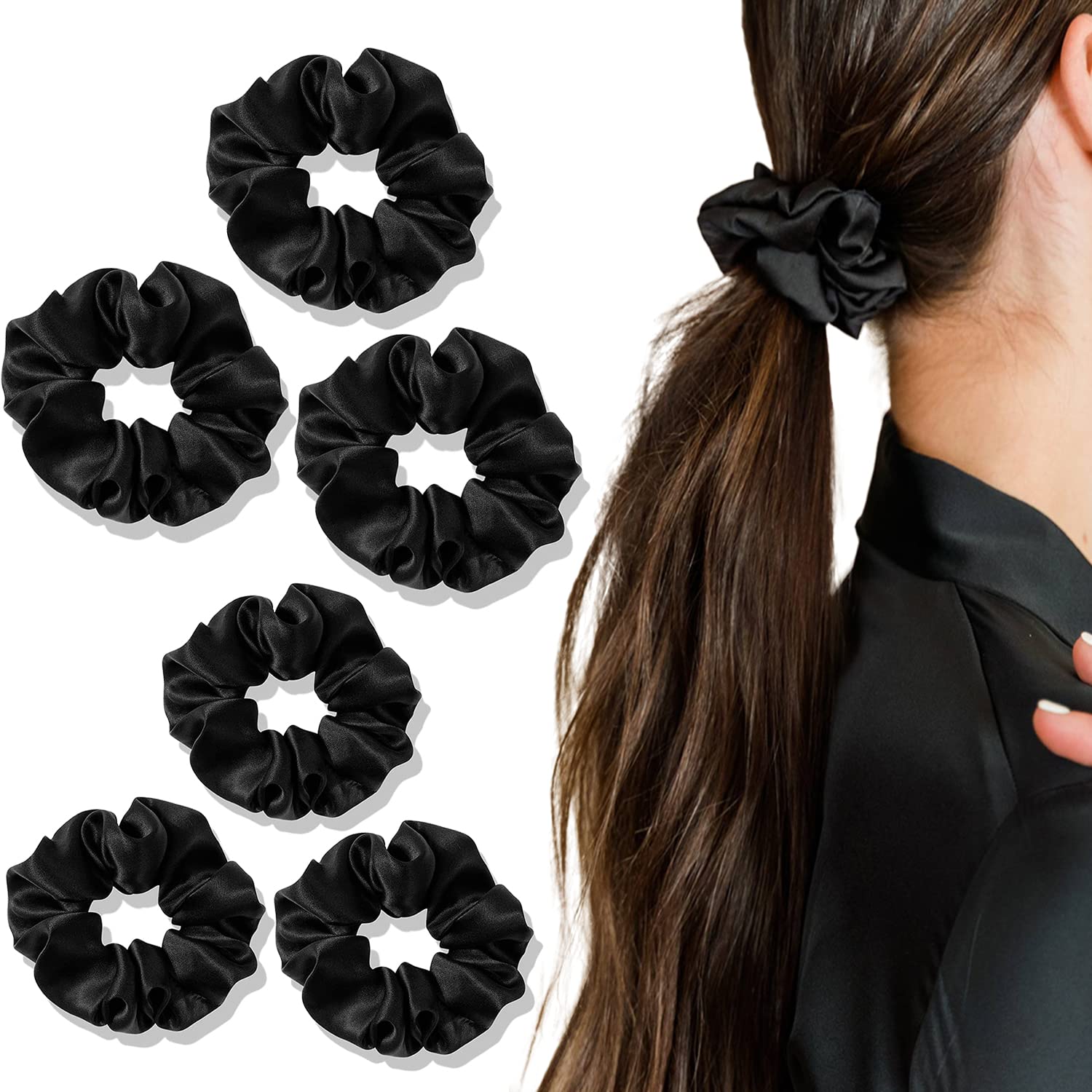 Temperia (6Pcs Set) Silk Satin Scrunchies For Women & Girls - Stylish Ponytail Bun Juda Rubber Bands Luxury Hair Accessories Crunchies - Scrunchy Ties For Style, Decoration & Wedding - Black (MN01)